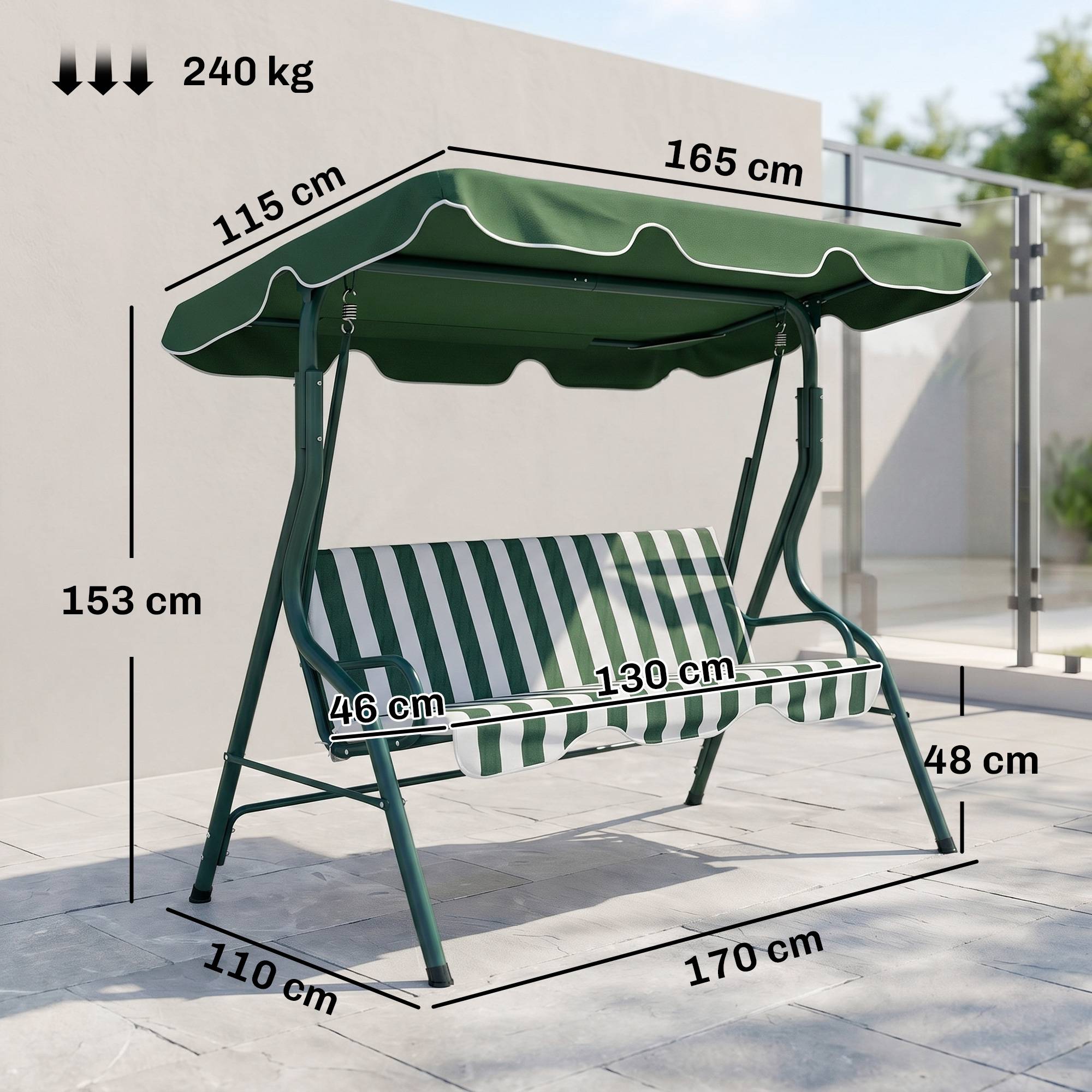 Balancelle de jardin 3 places acier extérieur coussins épais toit ajustable vert - ComfortXL Outdoor Living - Image 5
