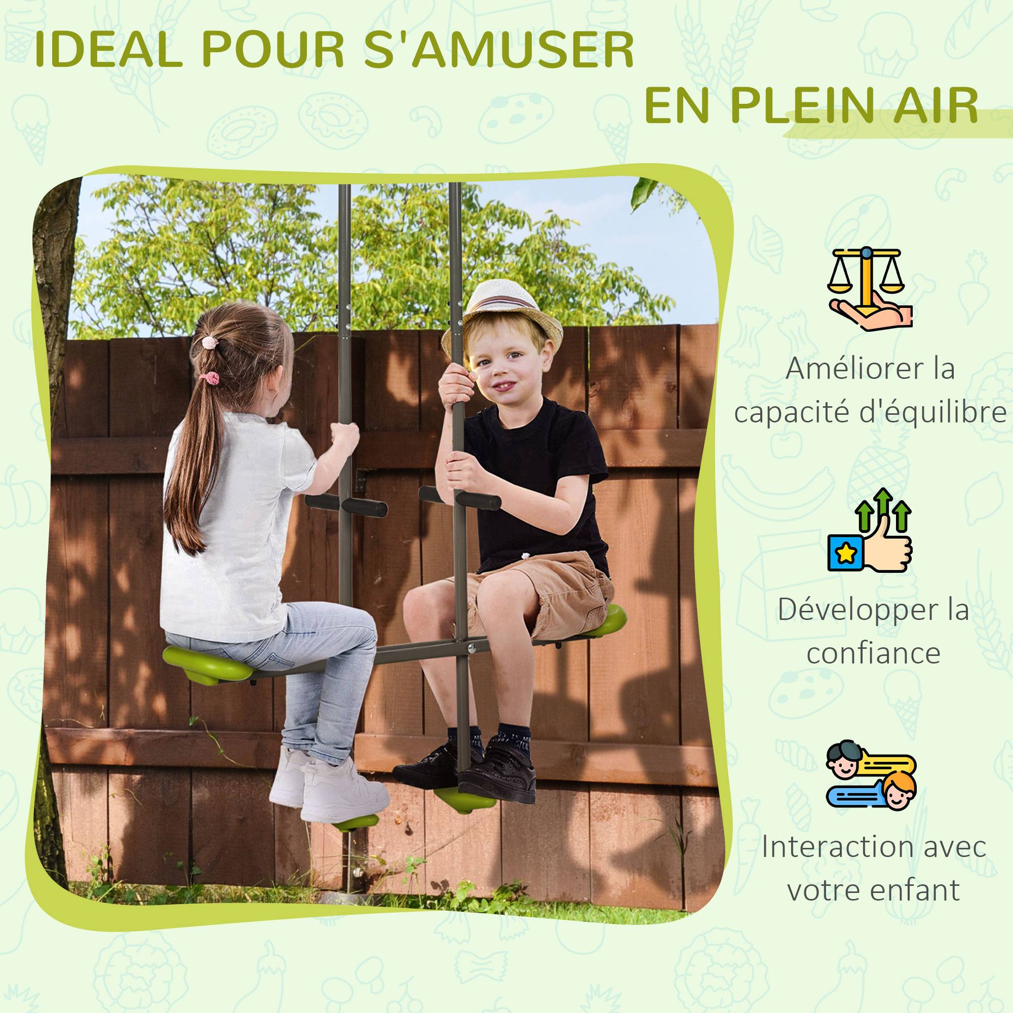 Outsunny - Balançoire agrès face à face enfant 3 à 6 ans - selles larges, guidon, repose-pied - gris vert - Outsunny - Imagen 4