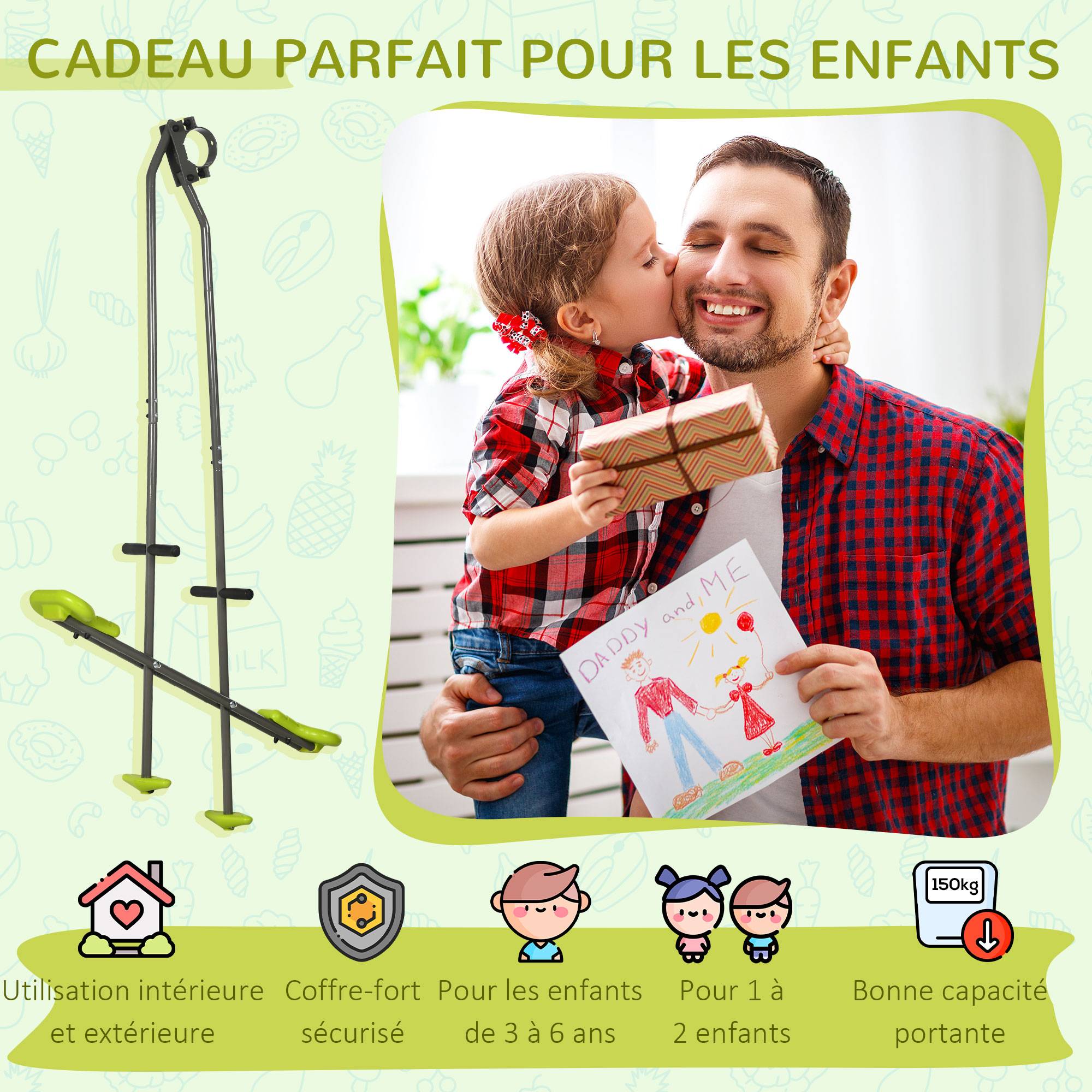 Outsunny - Balançoire agrès face à face enfant 3 à 6 ans - selles larges, guidon, repose-pied - gris vert - Outsunny - Imagen 5