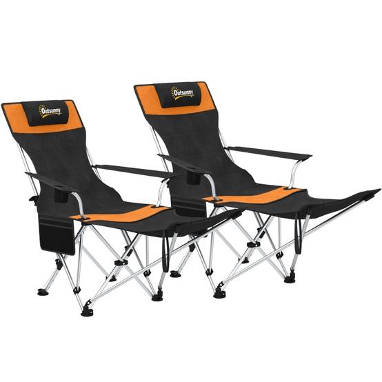 Lot 2 Chaises Camping Métal Pêche Plein Air Pliable Repose-Pieds 125cm Orange - ComfortXL Outdoor Living - Image 2