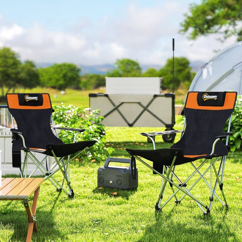 Lot 2 Chaises Camping Métal Pêche Plein Air Pliable Repose-Pieds 125cm Orange - ComfortXL Outdoor Living