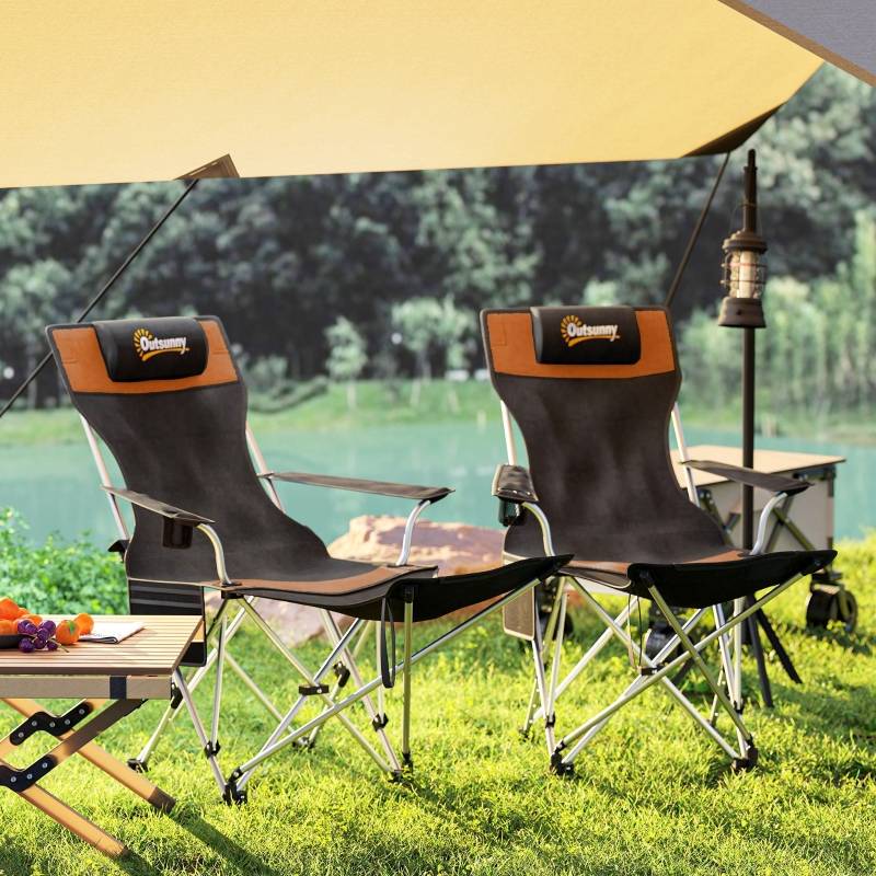 Lot 2 Chaises Camping Métal Pêche Plein Air Pliable Repose-Pieds 125cm Orange - ComfortXL Outdoor Living - Image 7