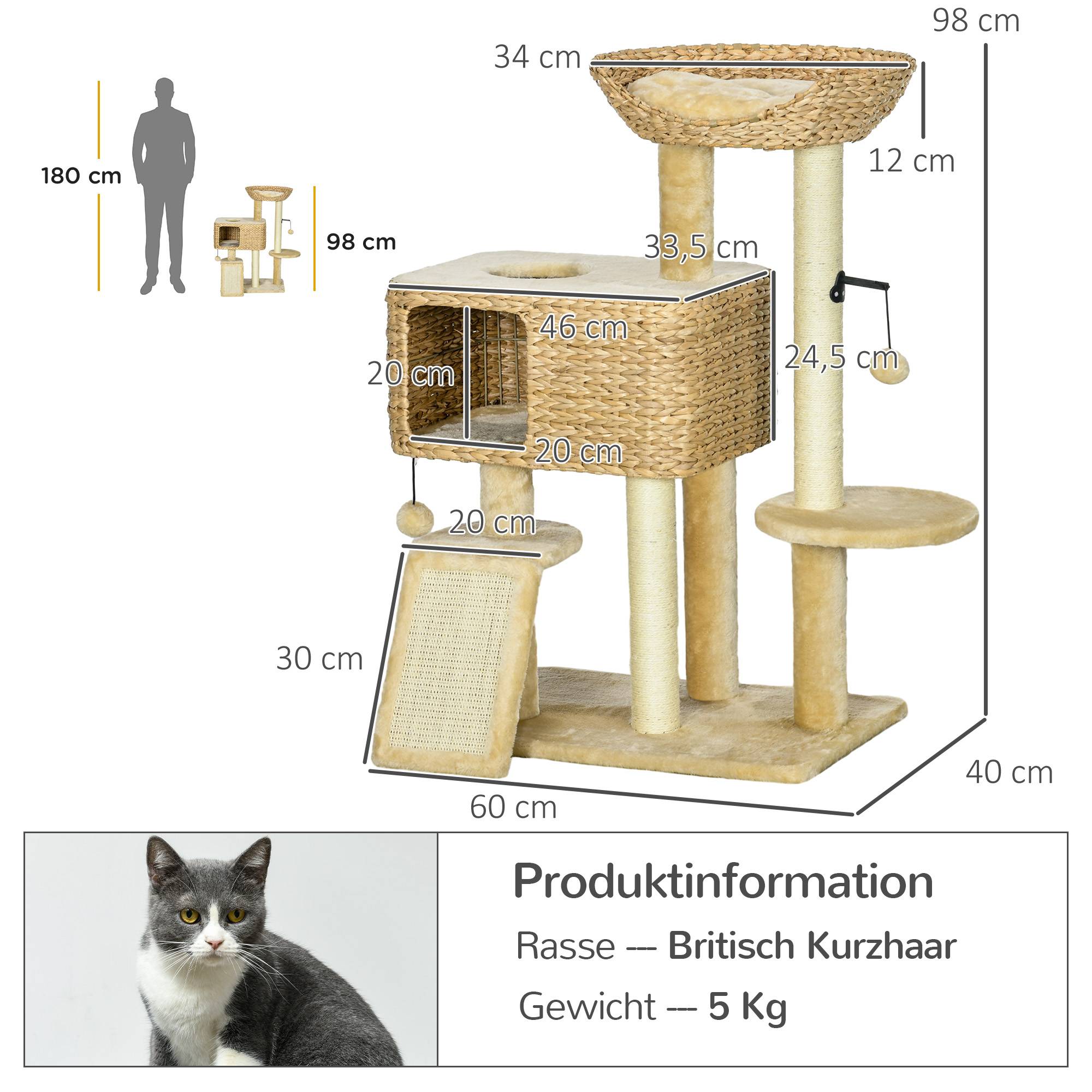 Arbre à chat 98cm avec 2 surfaces de repos, balle de jeu, poteaux sisal pour chats jusqu'à 6kg beige - Image 3