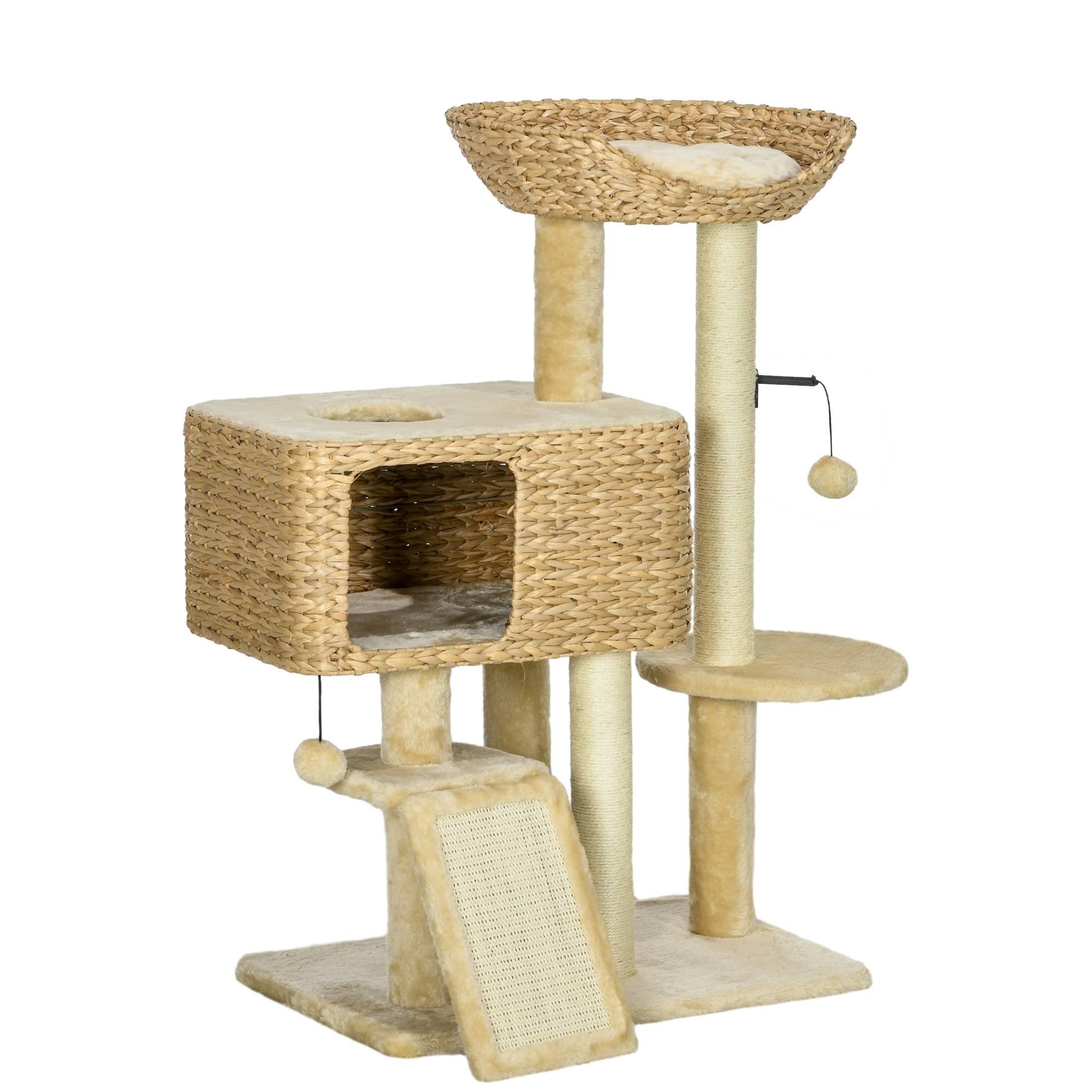 Arbre à chat 98cm avec 2 surfaces de repos, balle de jeu, poteaux sisal pour chats jusqu'à 6kg beige