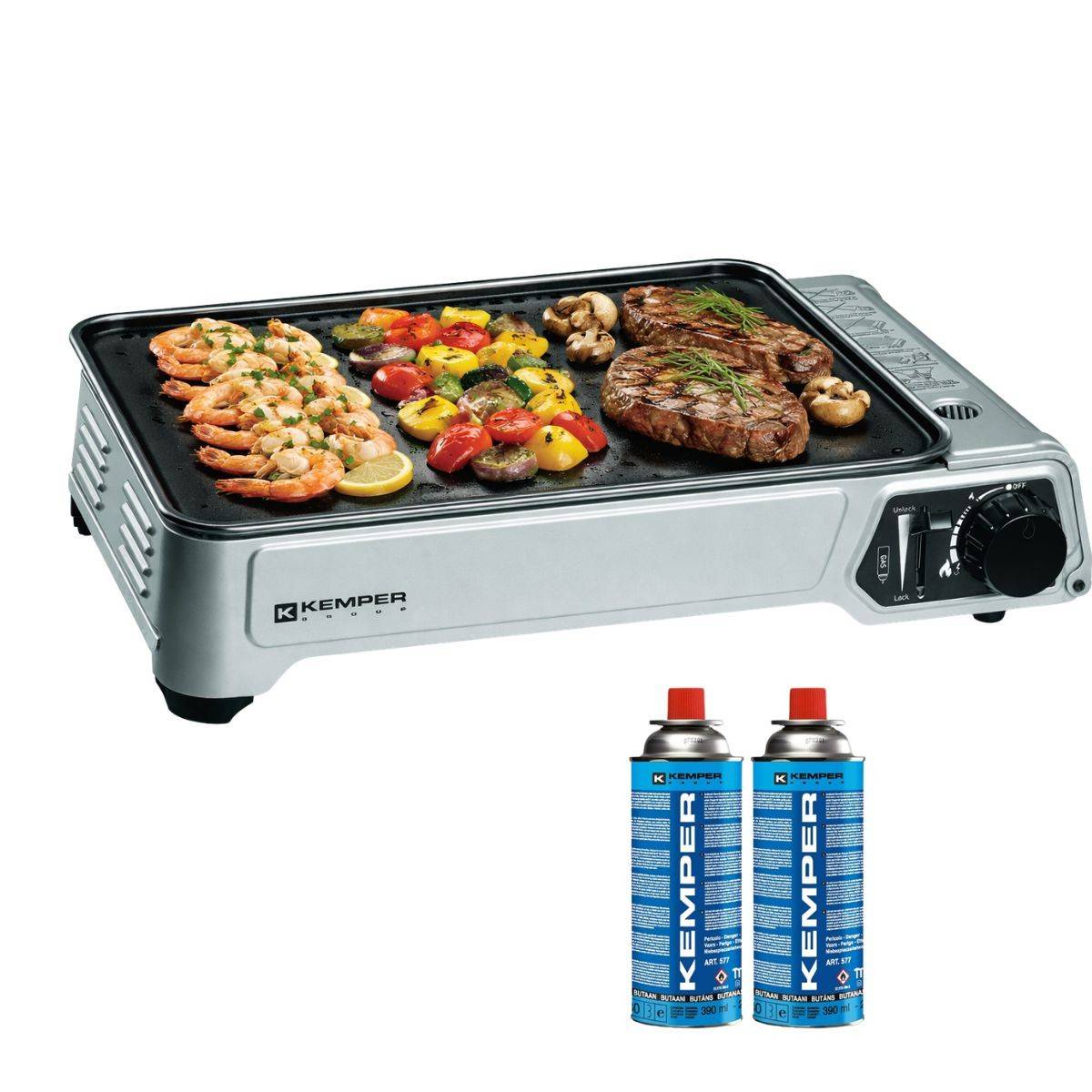 Plancha à gaz portable 2300W + 2 cartouches de gaz + Valise de transport KEMPER - Imagen 1