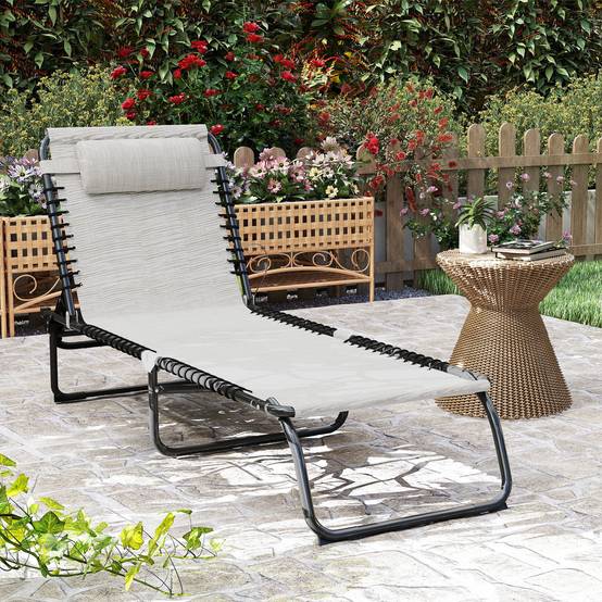 Chaise longue pliante blanc crème, transat de jardin avec dossier réglable 4 positions, résistant aux intempéries, charge max 120 kg - Image 3