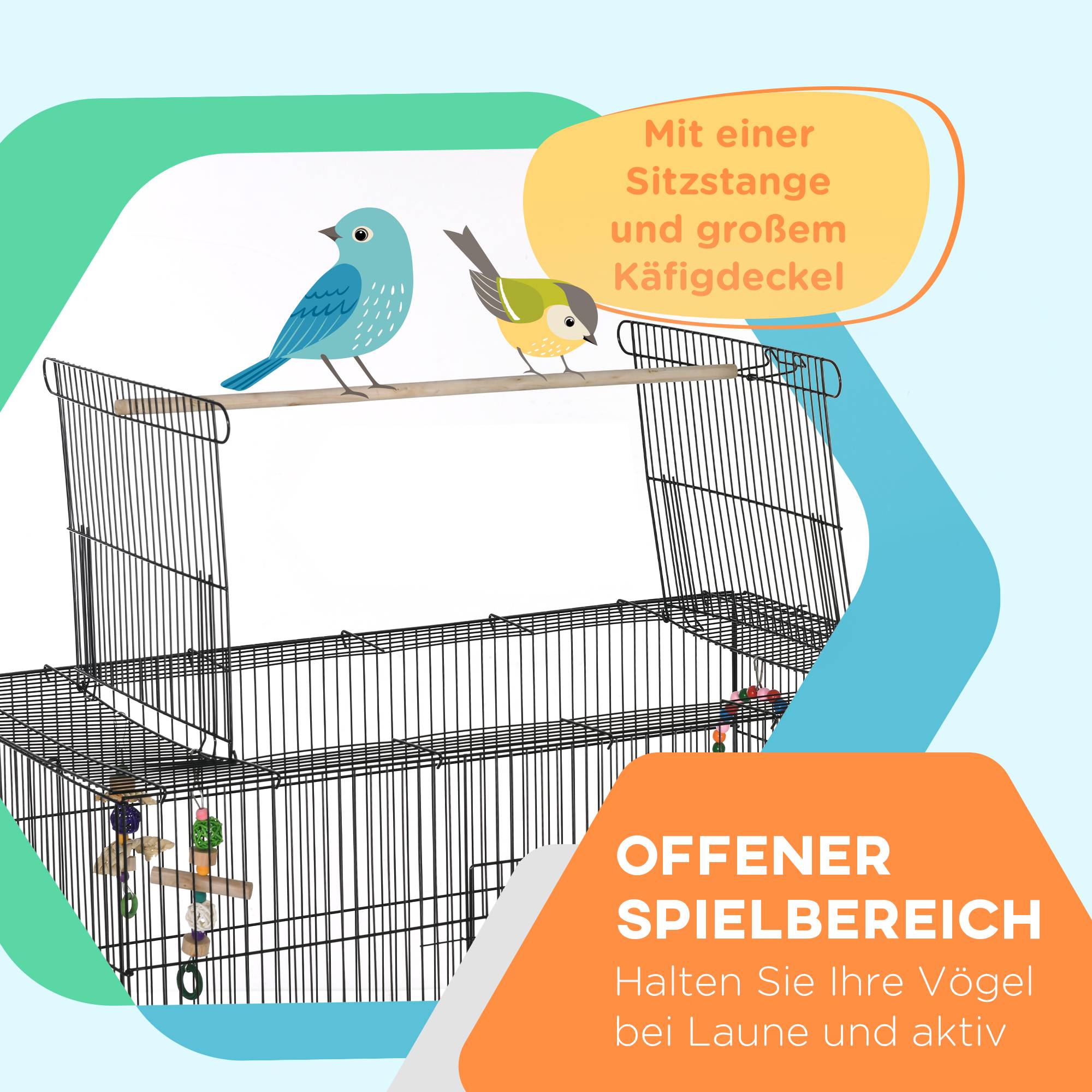 Cage à oiseaux avec perchoirs, jouets pour oiseaux et bac de fond extractible, noire - Image 7