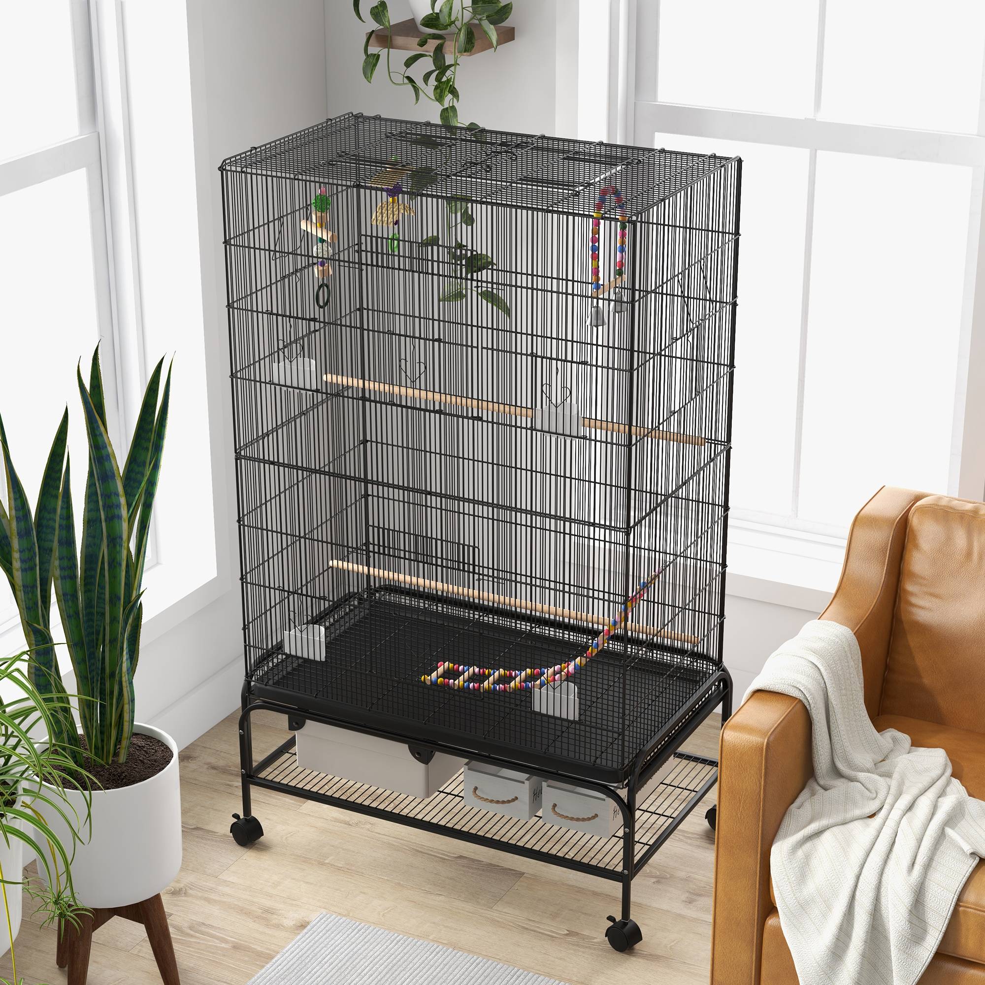 Cage à oiseaux avec perchoirs, jouets pour oiseaux et bac de fond extractible, noire - Image 10