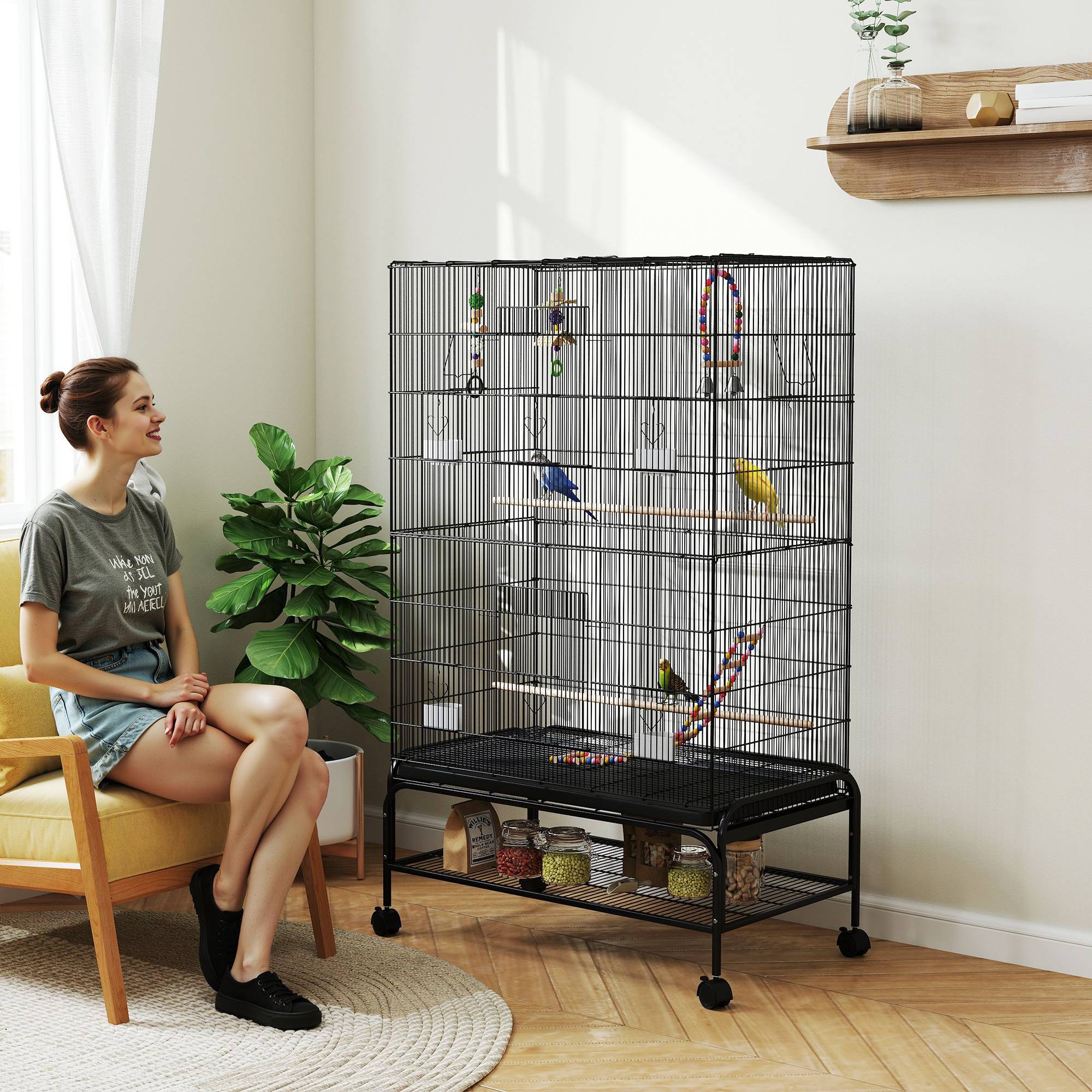 Cage à oiseaux avec perchoirs, jouets pour oiseaux et bac de fond extractible, noire - Image 4