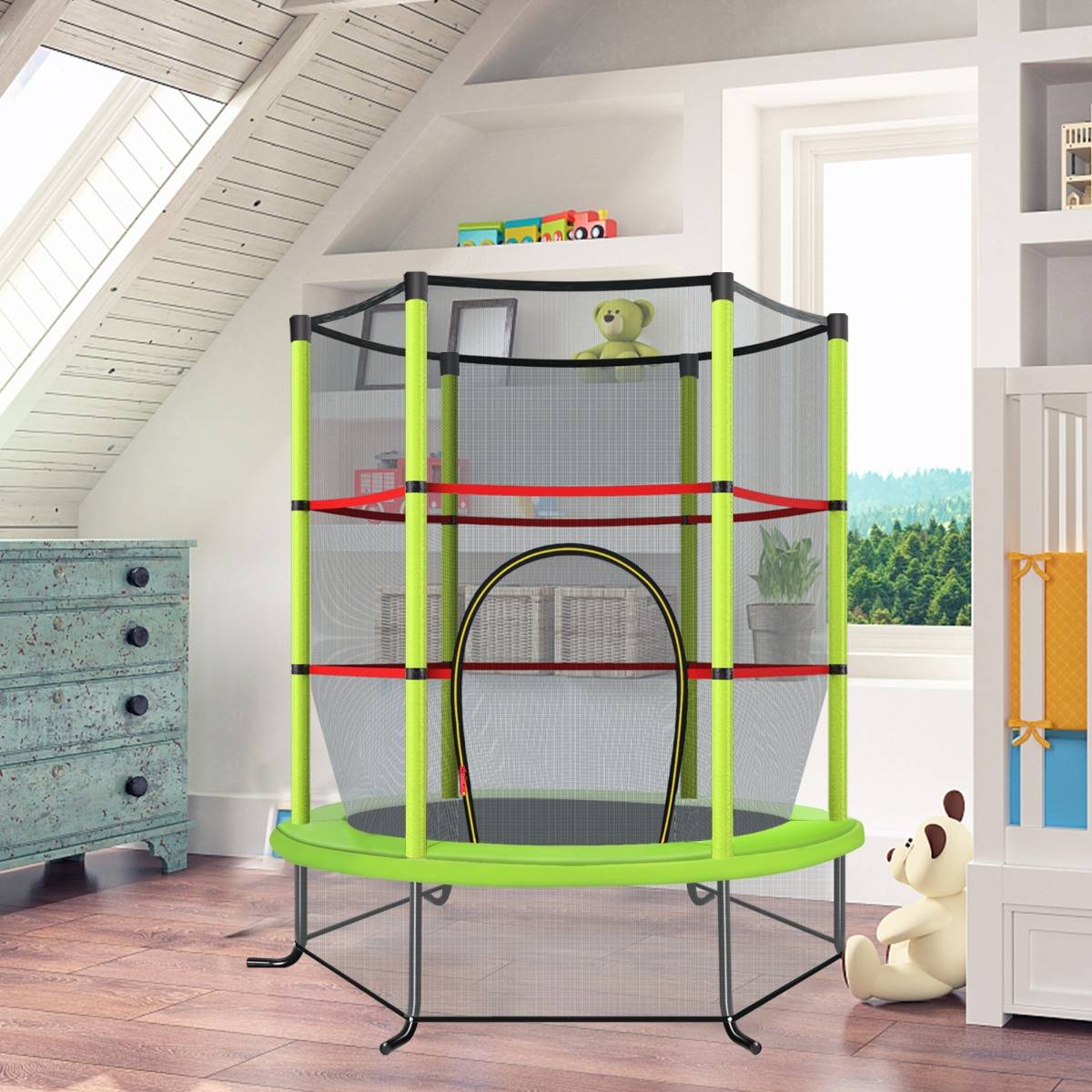 Trampoline de Jardin pour Enfants Ø165CM, avec Filet de Protection Appuis de Ressorts et Structure en Acier Vert F413R - Image 2