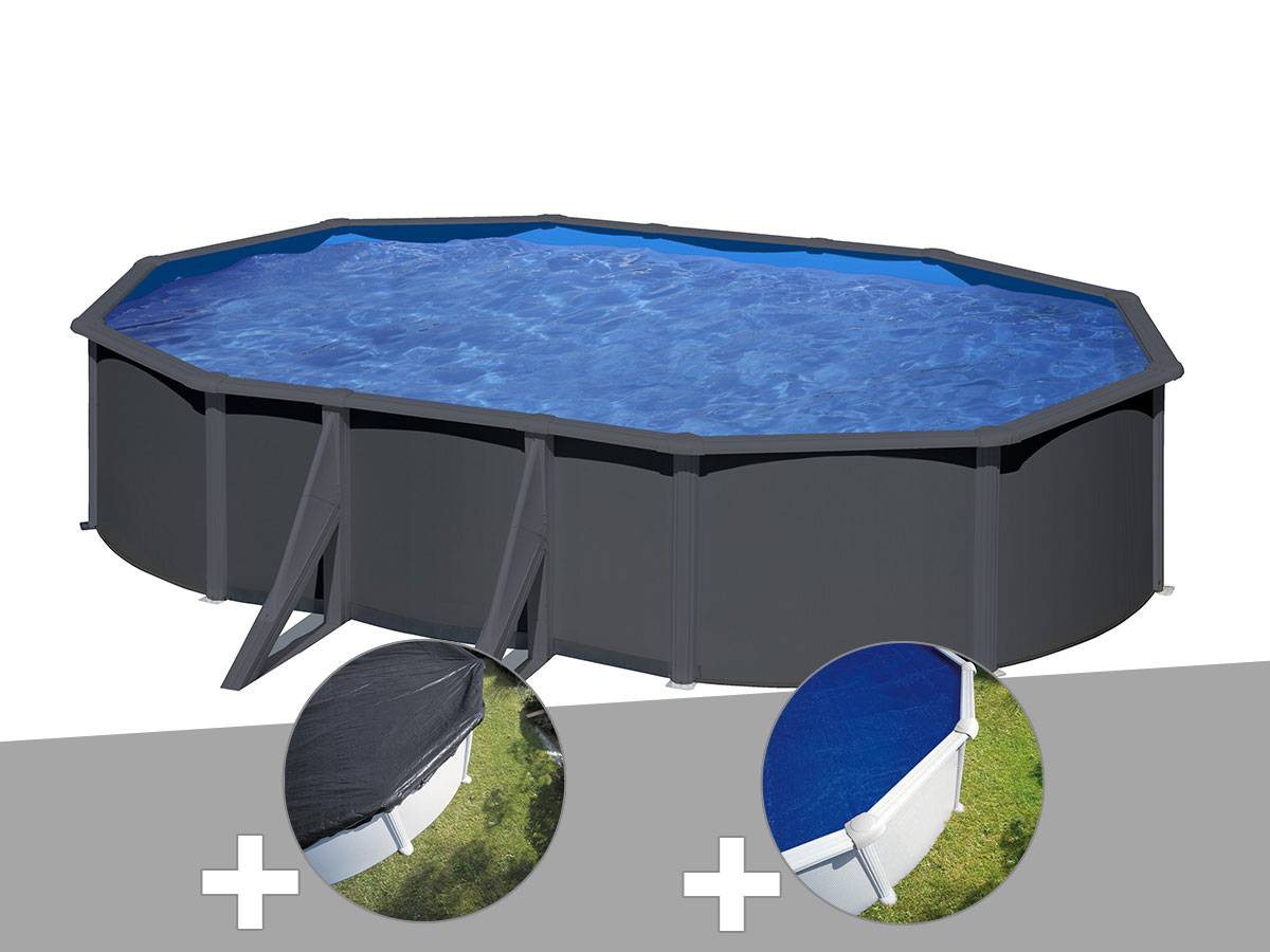 Gré - Kit piscine acier gris anthracite Gré Louko ovale 5,27 x 3,27 x 1,22 m + Bâche d'hivernage + Bâche à bulles