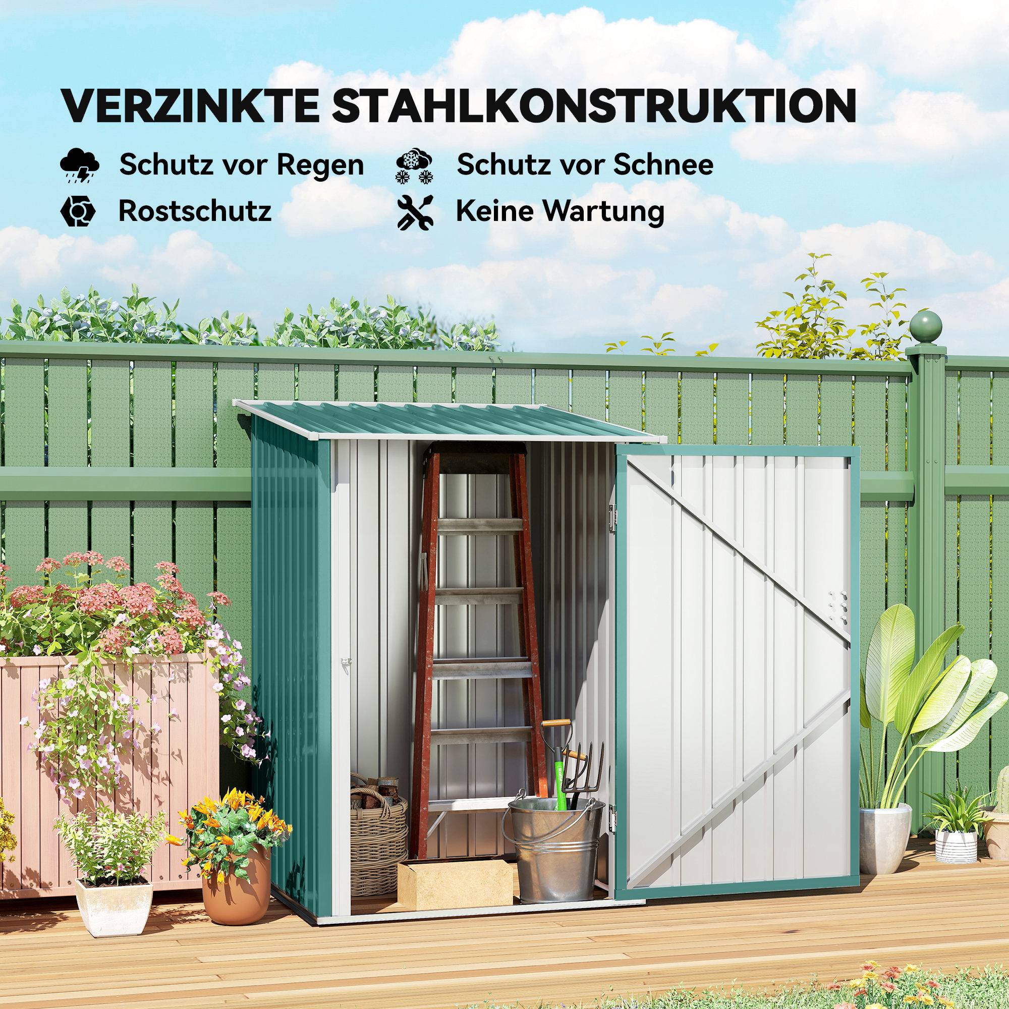 ComfortXL - Abri de jardin adossé en acier galvanisé vert 100 x 103 x 160 cm rangement outils extérieur porte à loquet - Image 6