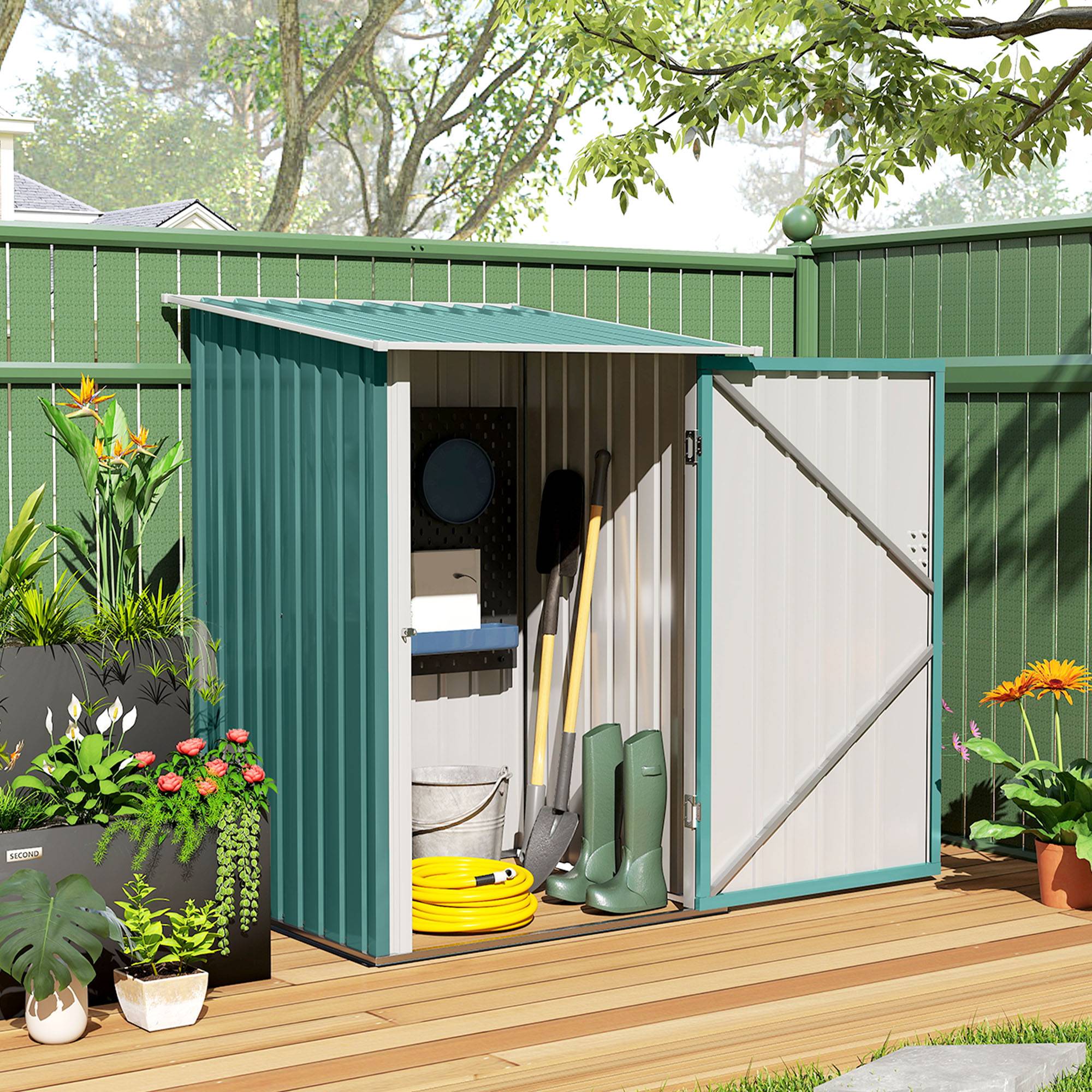 ComfortXL - Abri de jardin adossé en acier galvanisé vert 100 x 103 x 160 cm rangement outils extérieur porte à loquet - Image 1