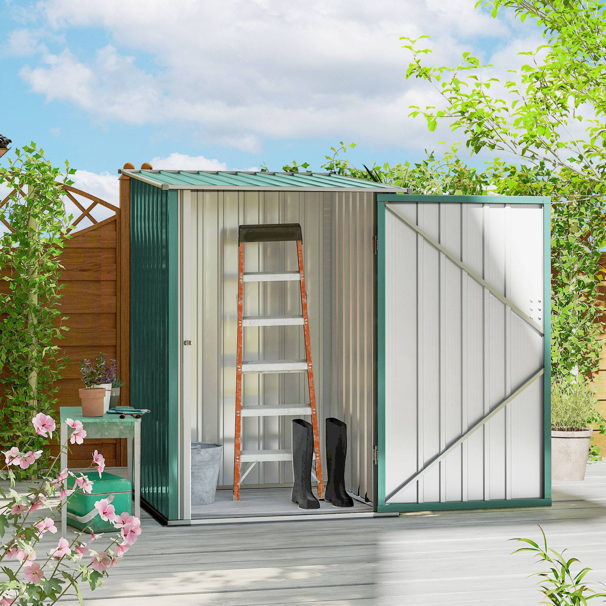 ComfortXL - Abri de jardin adossé en acier galvanisé vert 100 x 103 x 160 cm rangement outils extérieur porte à loquet - Image 3