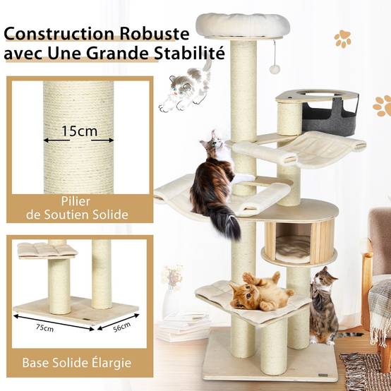 Arbre à Chat 197CM avec 2 Hamac Perchoir Poteaux à Griffer et Niche Tour de Jeux pour Chats avec 2 Pompon Suspendu Beige - Image 9