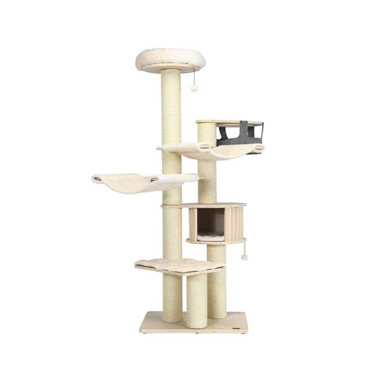 Arbre à Chat 197CM avec 2 Hamac Perchoir Poteaux à Griffer et Niche Tour de Jeux pour Chats avec 2 Pompon Suspendu Beige - Image 4