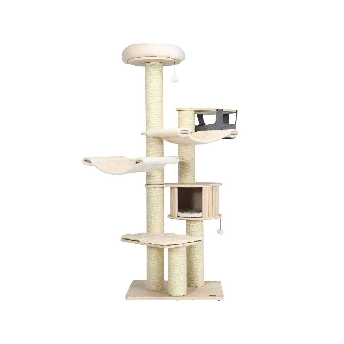 Arbre à Chat 197CM avec 2 Hamac Perchoir Poteaux à Griffer et Niche Tour de Jeux pour Chats avec 2 Pompon Suspendu Beige - Image 4