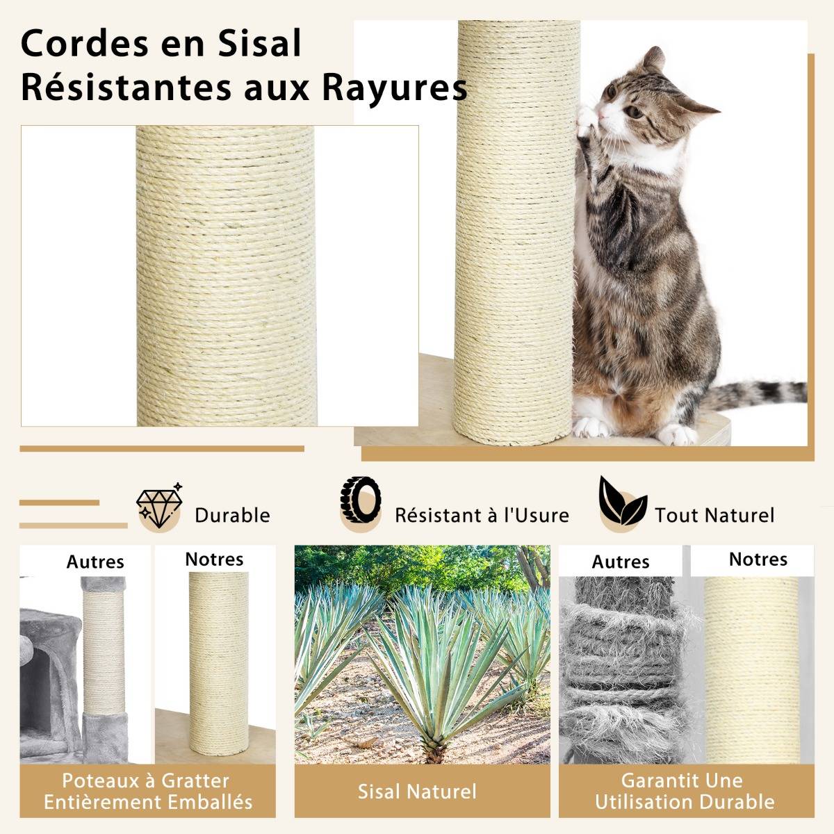 Arbre à Chat 197CM avec 2 Hamac Perchoir Poteaux à Griffer et Niche Tour de Jeux pour Chats avec 2 Pompon Suspendu Beige - Image 7