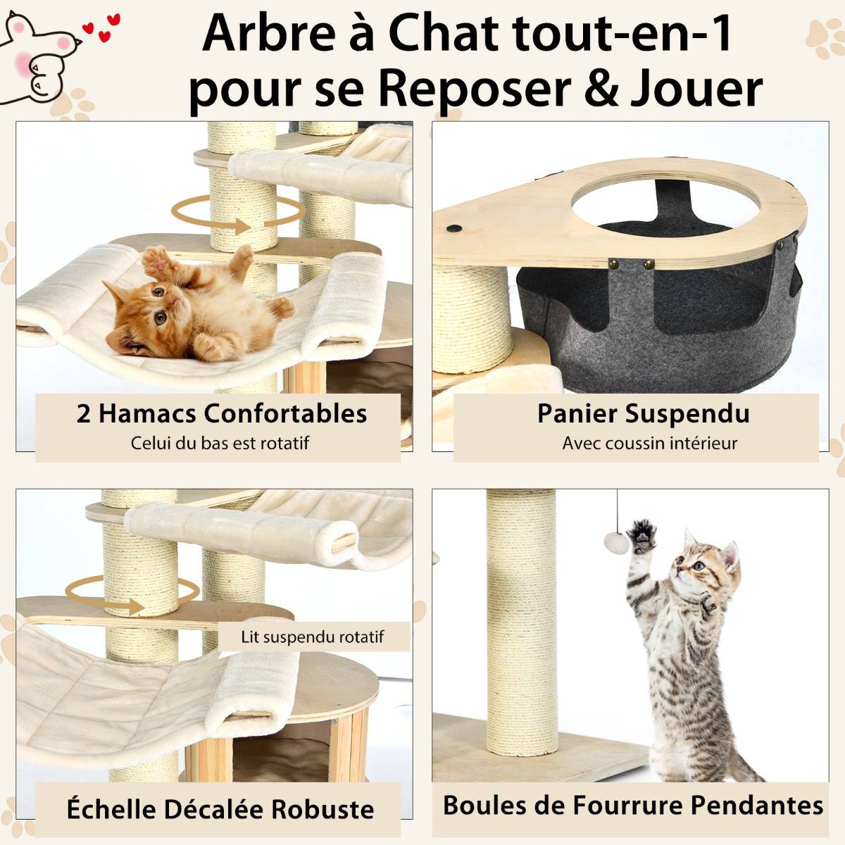 Arbre à Chat 197CM avec 2 Hamac Perchoir Poteaux à Griffer et Niche Tour de Jeux pour Chats avec 2 Pompon Suspendu Beige - Image 6