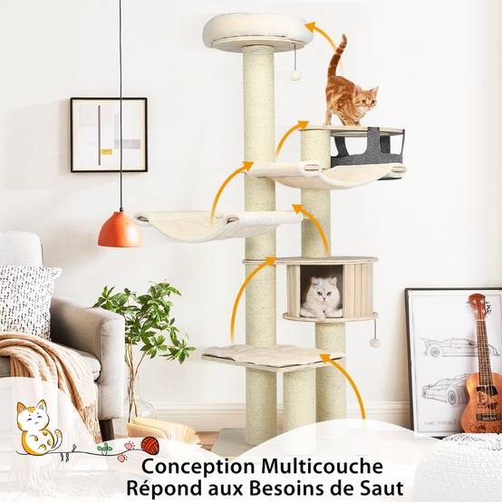 Arbre à Chat 197CM avec 2 Hamac Perchoir Poteaux à Griffer et Niche Tour de Jeux pour Chats avec 2 Pompon Suspendu Beige - Image 8