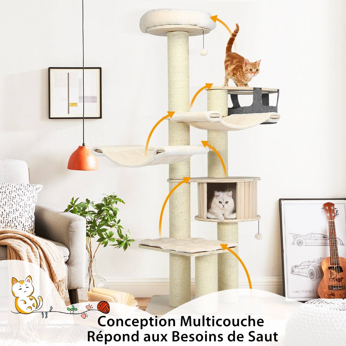 Arbre à Chat 197CM avec 2 Hamac Perchoir Poteaux à Griffer et Niche Tour de Jeux pour Chats avec 2 Pompon Suspendu Beige - Image 8