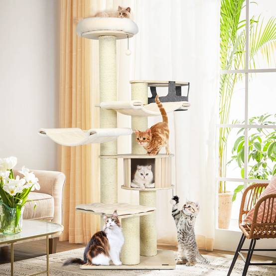 Arbre à Chat 197CM avec 2 Hamac Perchoir Poteaux à Griffer et Niche Tour de Jeux pour Chats avec 2 Pompon Suspendu Beige - Image 3