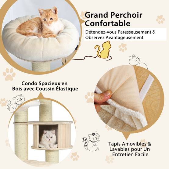 Arbre à Chat 197CM avec 2 Hamac Perchoir Poteaux à Griffer et Niche Tour de Jeux pour Chats avec 2 Pompon Suspendu Beige - Image 5