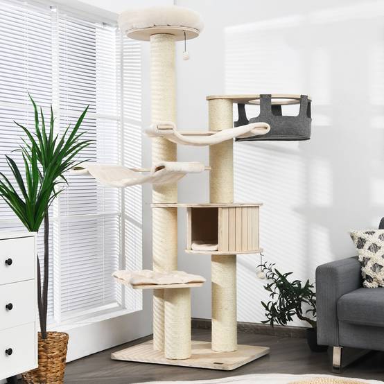 Arbre à Chat 197CM avec 2 Hamac Perchoir Poteaux à Griffer et Niche Tour de Jeux pour Chats avec 2 Pompon Suspendu Beige - Image 2