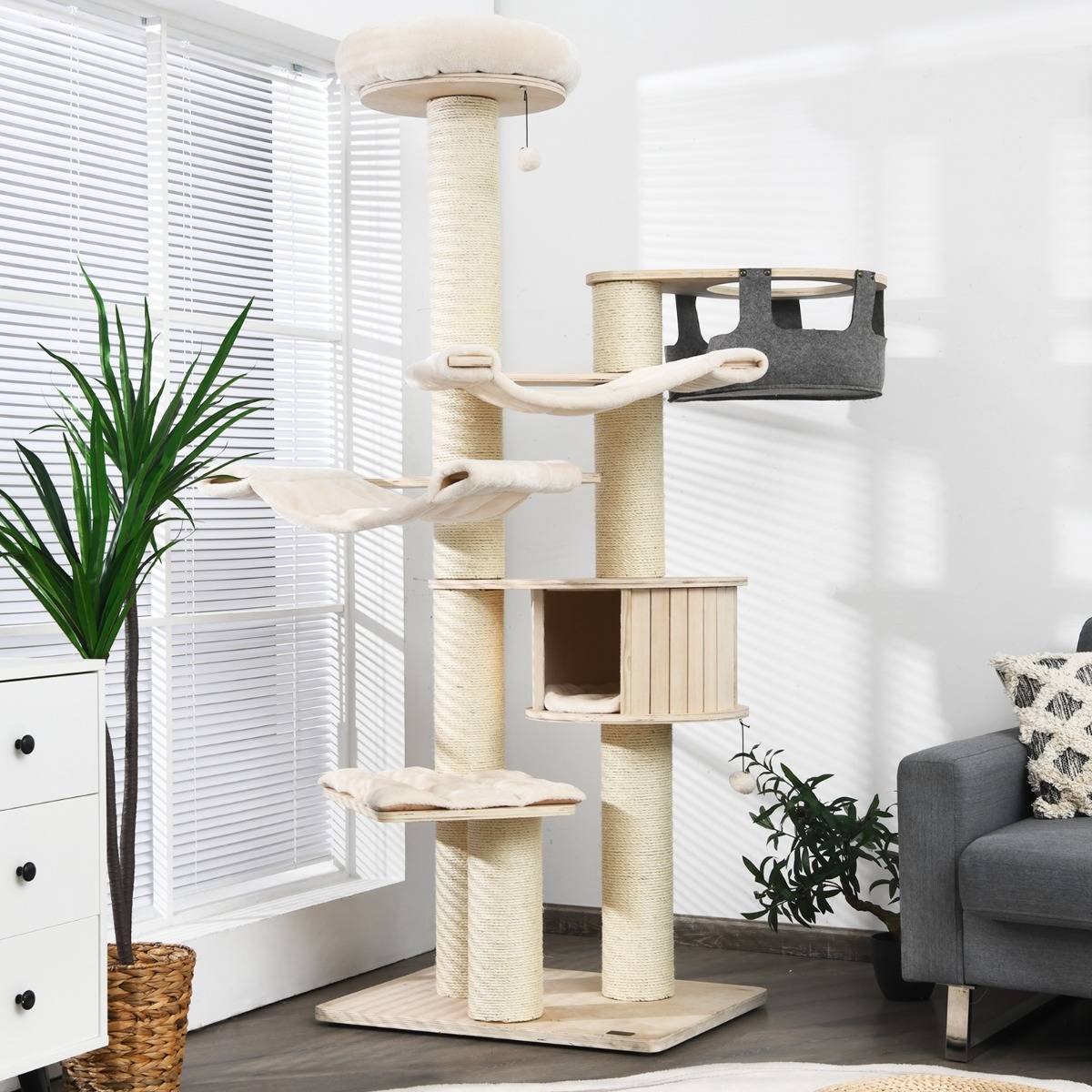 Arbre à Chat 197CM avec 2 Hamac Perchoir Poteaux à Griffer et Niche Tour de Jeux pour Chats avec 2 Pompon Suspendu Beige - Image 2