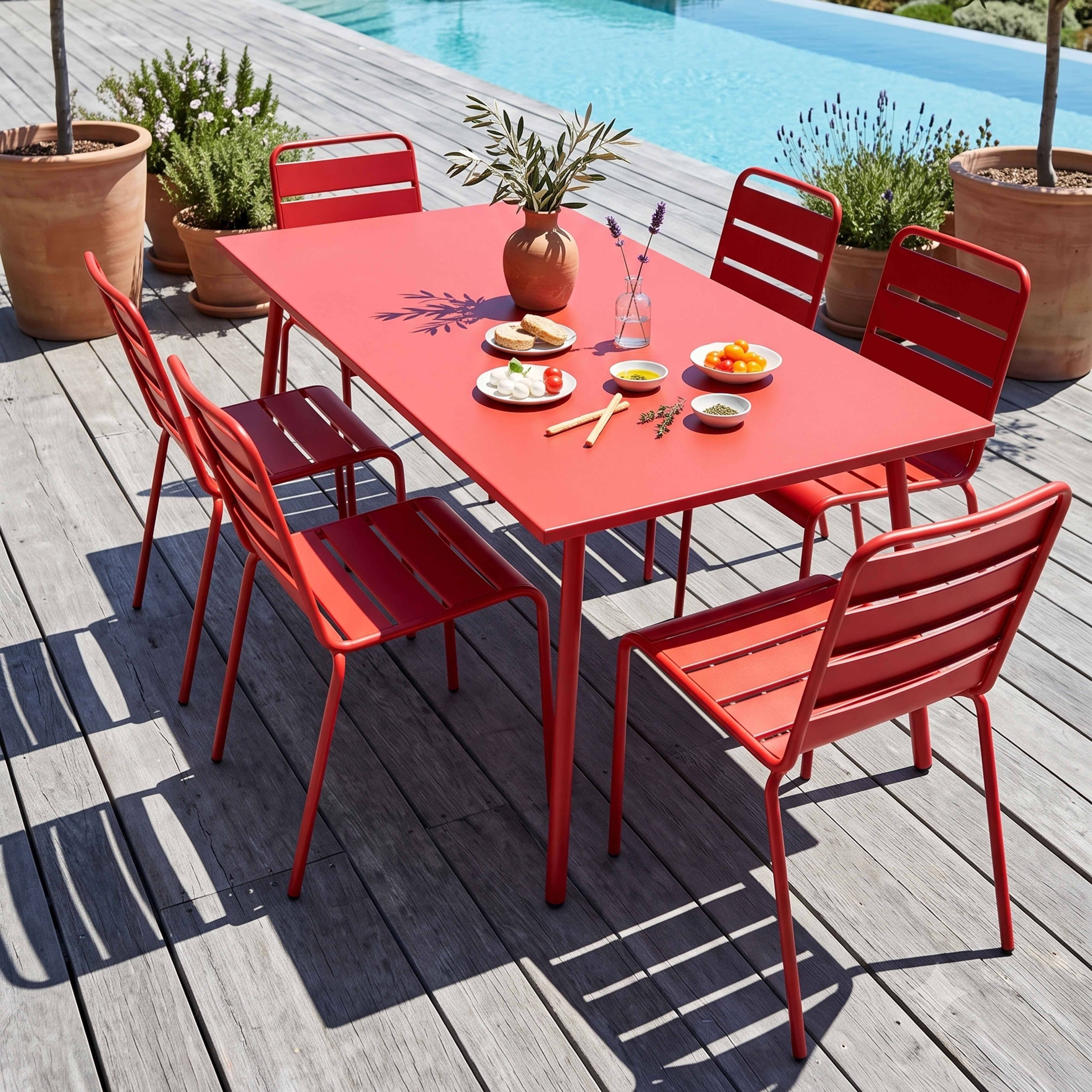 Oviala - Ensemble table de jardin et 6 chaises en métal rouge Palavas - Oviala - Imagen 2