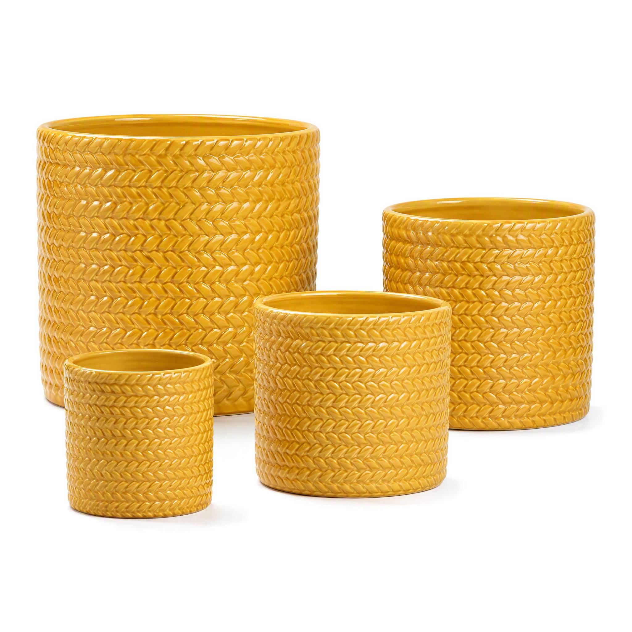 ComfortXL - Lot de 4 pots de fleurs en céramique jaune brillante jusqu’à Ø37 cm intérieur extérieur avec drainage et relief