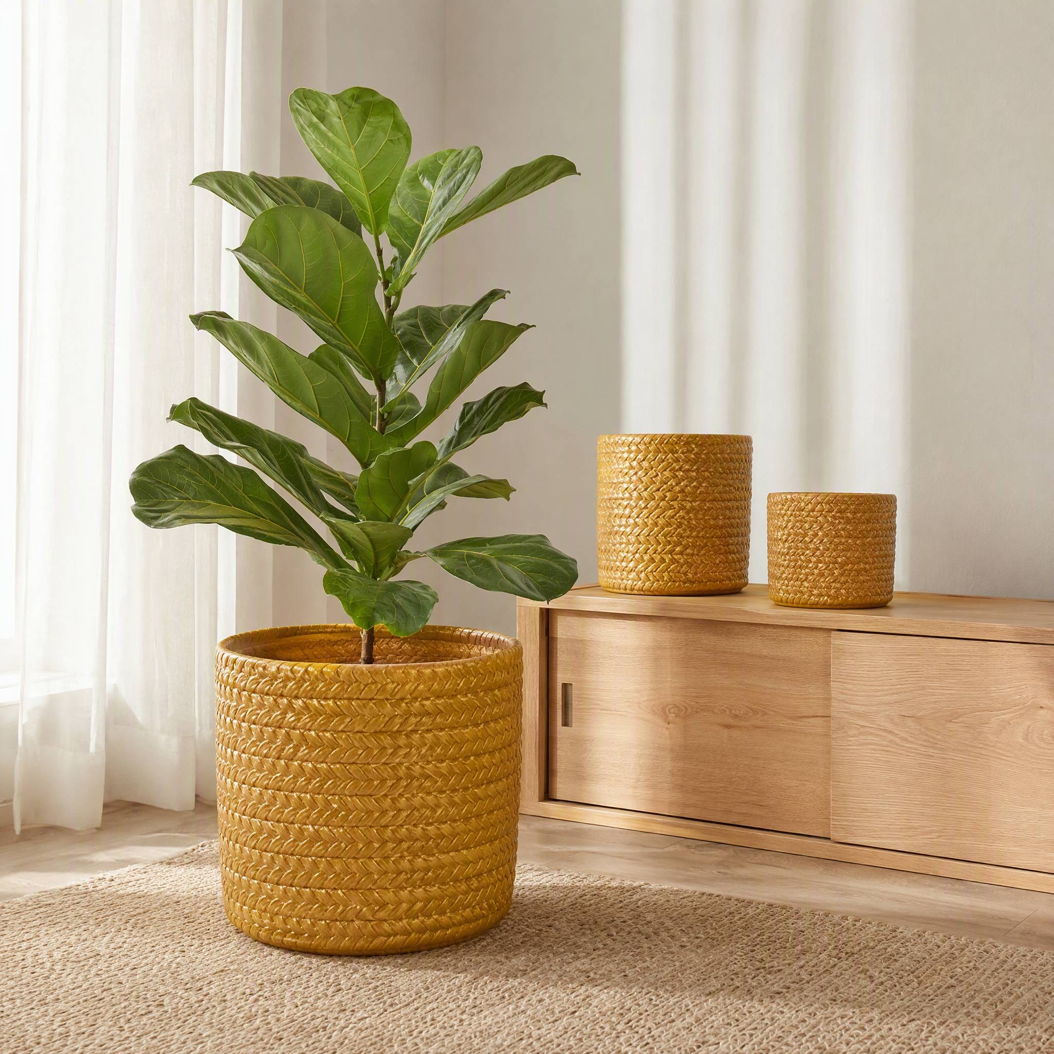 ComfortXL - Lot de 4 pots de fleurs en céramique jaune brillante jusqu’à Ø37 cm intérieur extérieur avec drainage et relief - Image 5