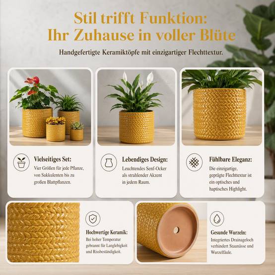 ComfortXL - Lot de 4 pots de fleurs en céramique jaune brillante jusqu’à Ø37 cm intérieur extérieur avec drainage et relief - Image 3