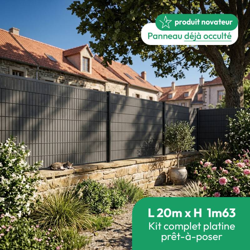 Kit complet grillage rigide occulté composite L 20m H 1m63 gris sur platine - Easy Clôture - Image 1