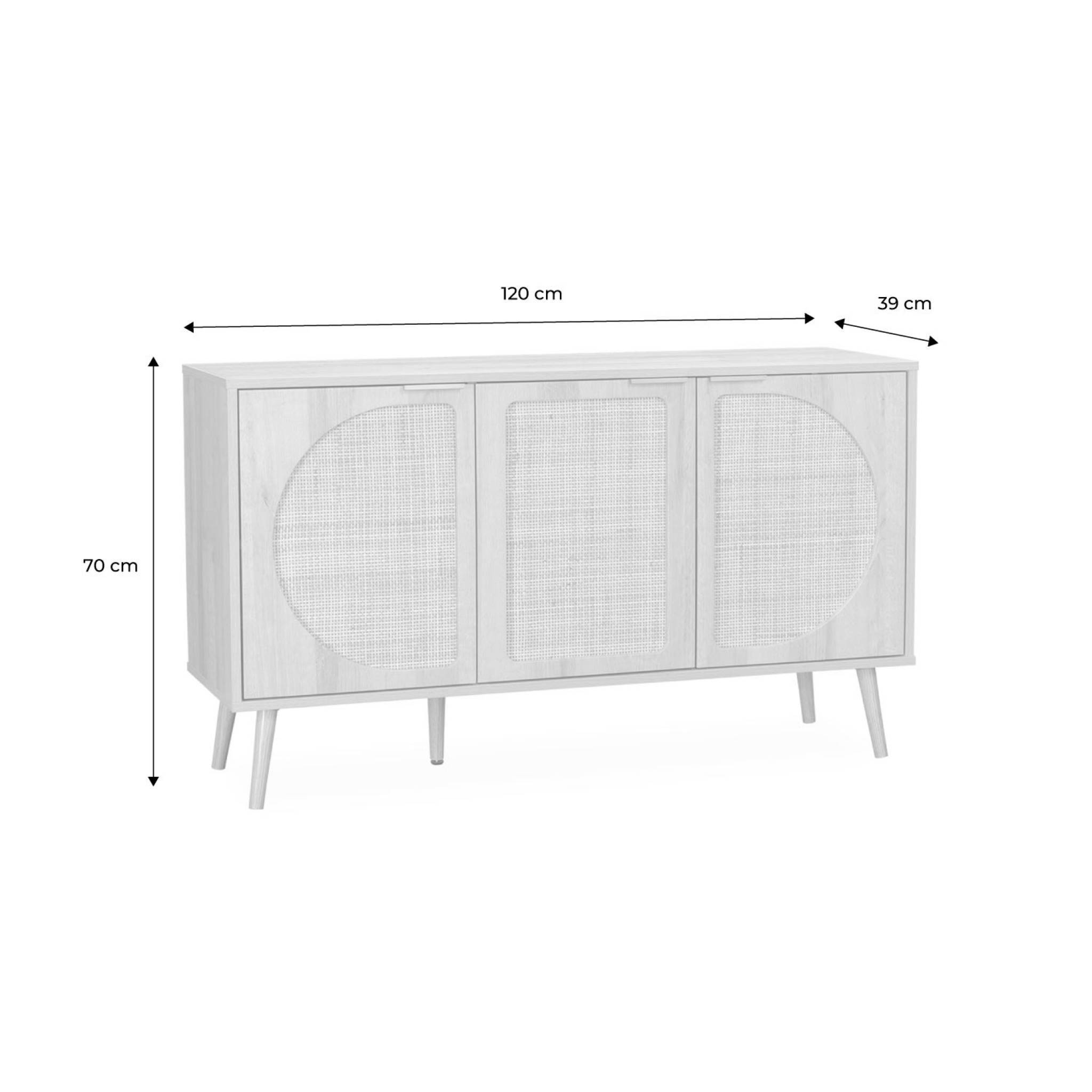 Buffet de rangement. Eva. cannage arrondis et décor bois. trois portes. deux niveaux . buffet bas. L 120 x l39 x H70cm | sweeek - Image 4