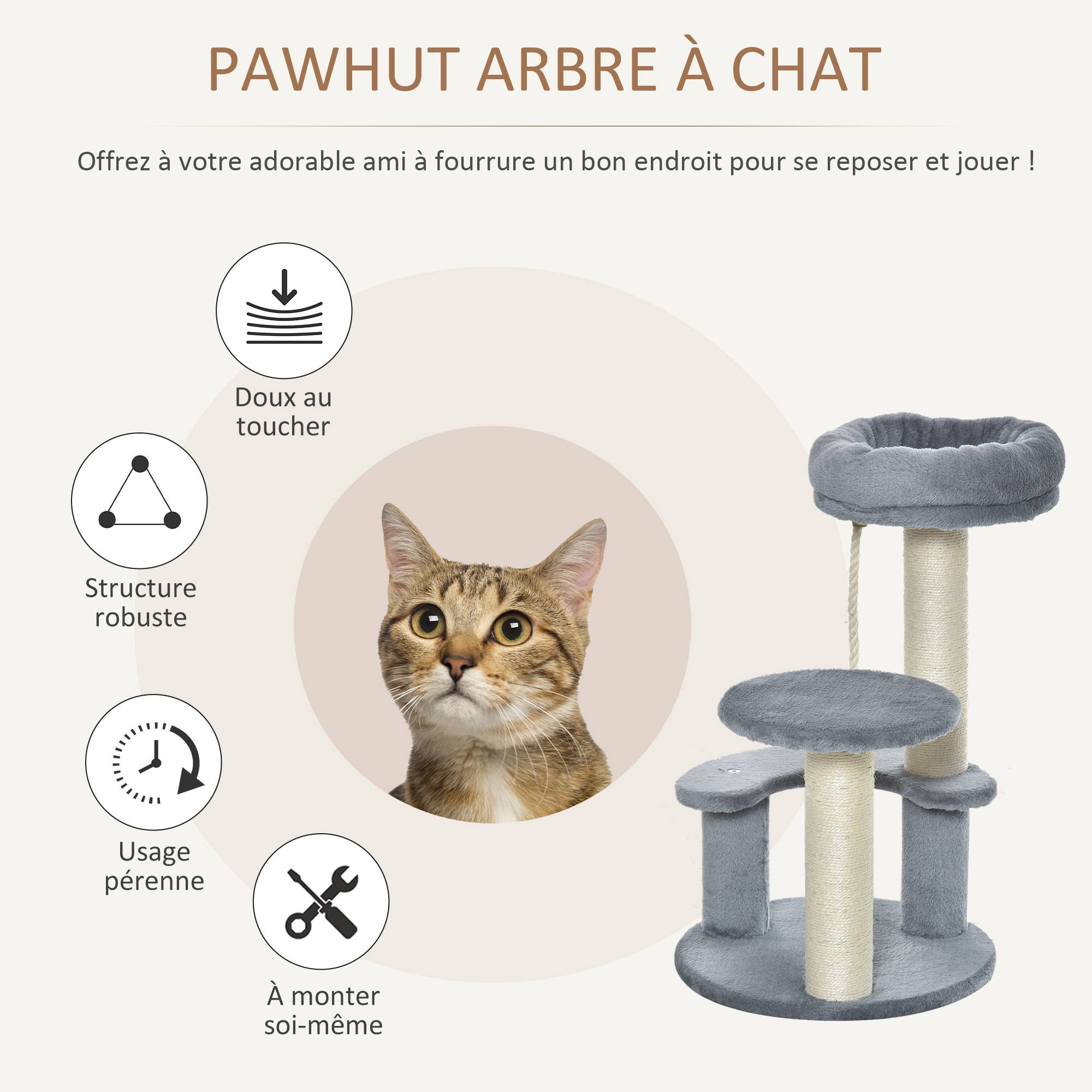 Arbre à chats 2 griffoirs grattoirs sisal naturel 3 plateformes corde à grimper dim. Ø 40 x 65H cm peluche haute densité 500 g/m² gris - Image 6