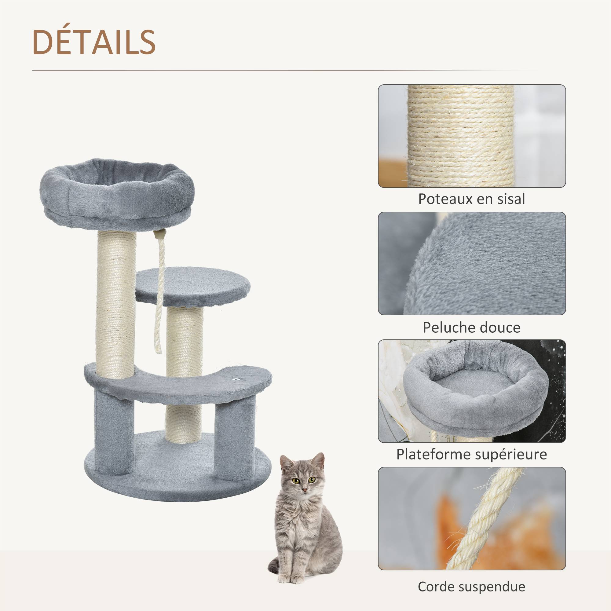 Arbre à chats 2 griffoirs grattoirs sisal naturel 3 plateformes corde à grimper dim. Ø 40 x 65H cm peluche haute densité 500 g/m² gris - Image 7