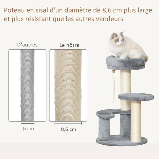 Arbre à chats 2 griffoirs grattoirs sisal naturel 3 plateformes corde à grimper dim. Ø 40 x 65H cm peluche haute densité 500 g/m² gris - Image 8