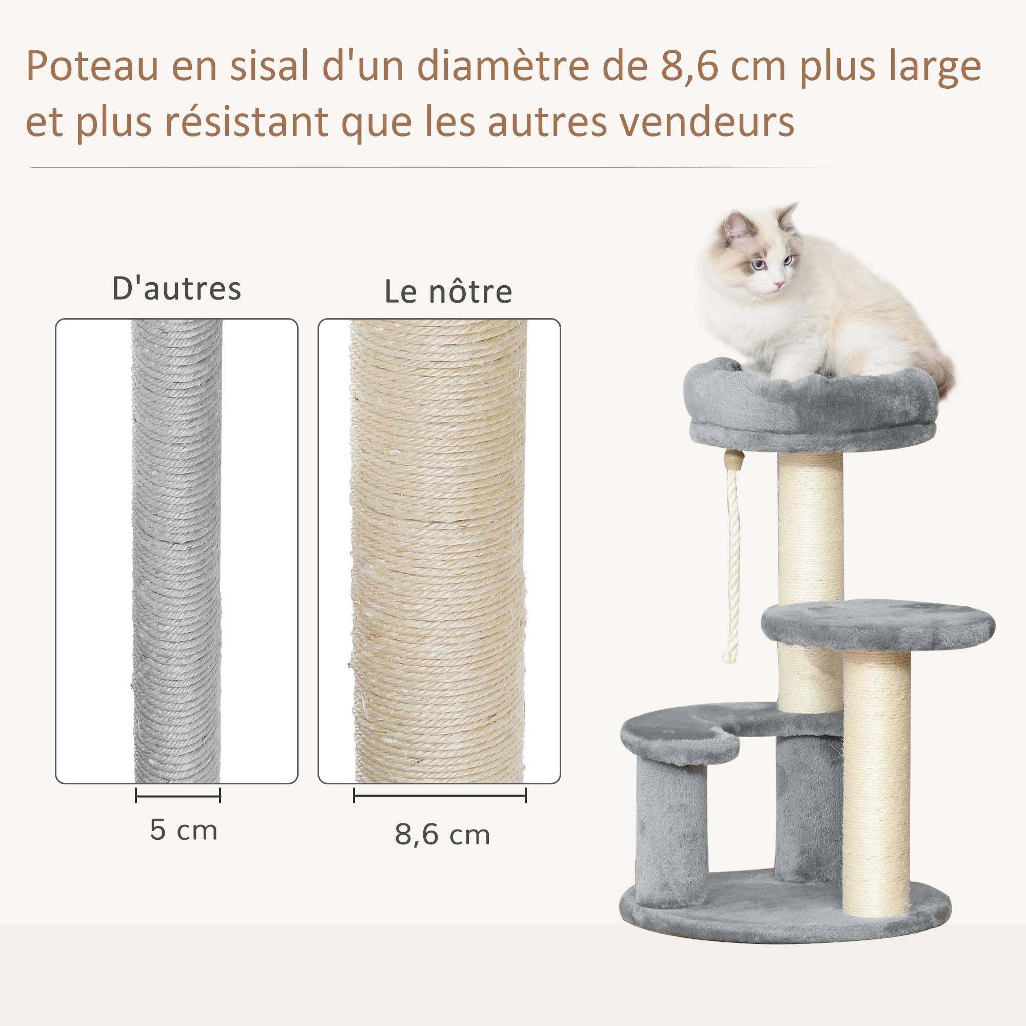 Arbre à chats 2 griffoirs grattoirs sisal naturel 3 plateformes corde à grimper dim. Ø 40 x 65H cm peluche haute densité 500 g/m² gris - Image 8