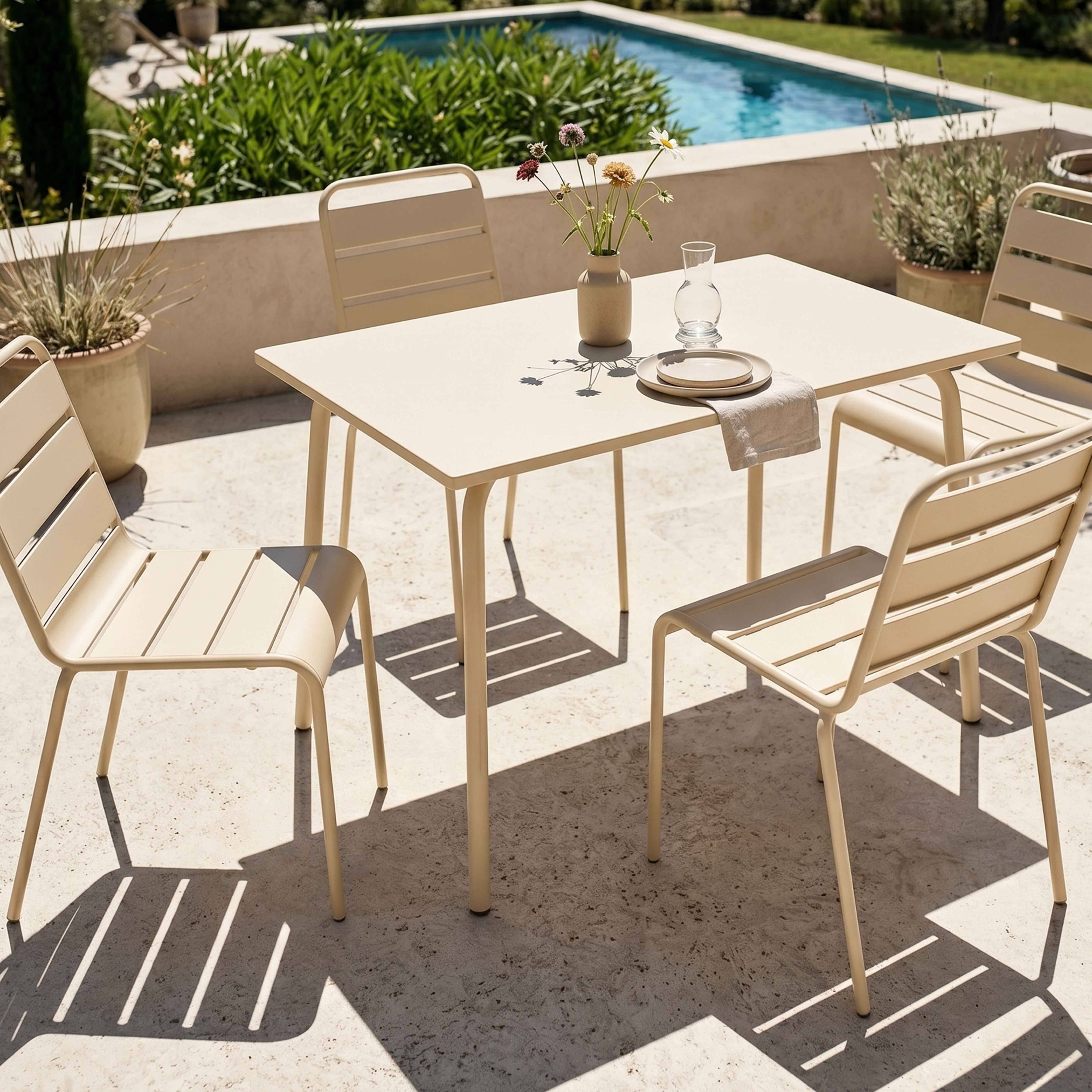 Oviala - Ensemble table de jardin en métal et 4 chaises ivoire Palavas - Oviala - Imagen 3