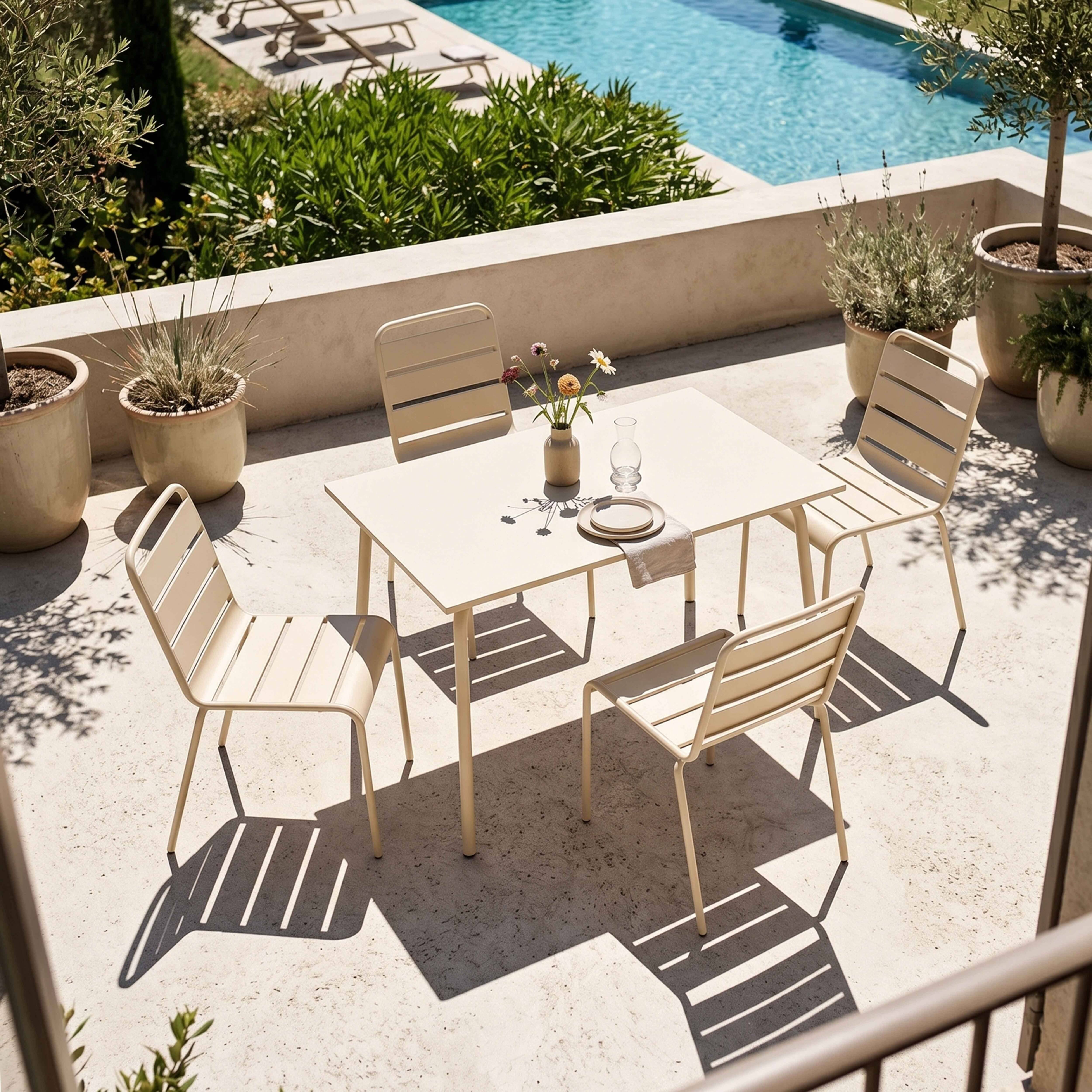 Oviala - Ensemble table de jardin en métal et 4 chaises ivoire Palavas - Oviala - Imagen 2