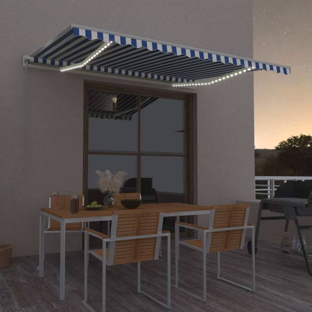 Store banne automatique LED capteur vent aluminium terrasse bleu blanc 450x350cm - ComfortXL Outdoor Living - Image 1