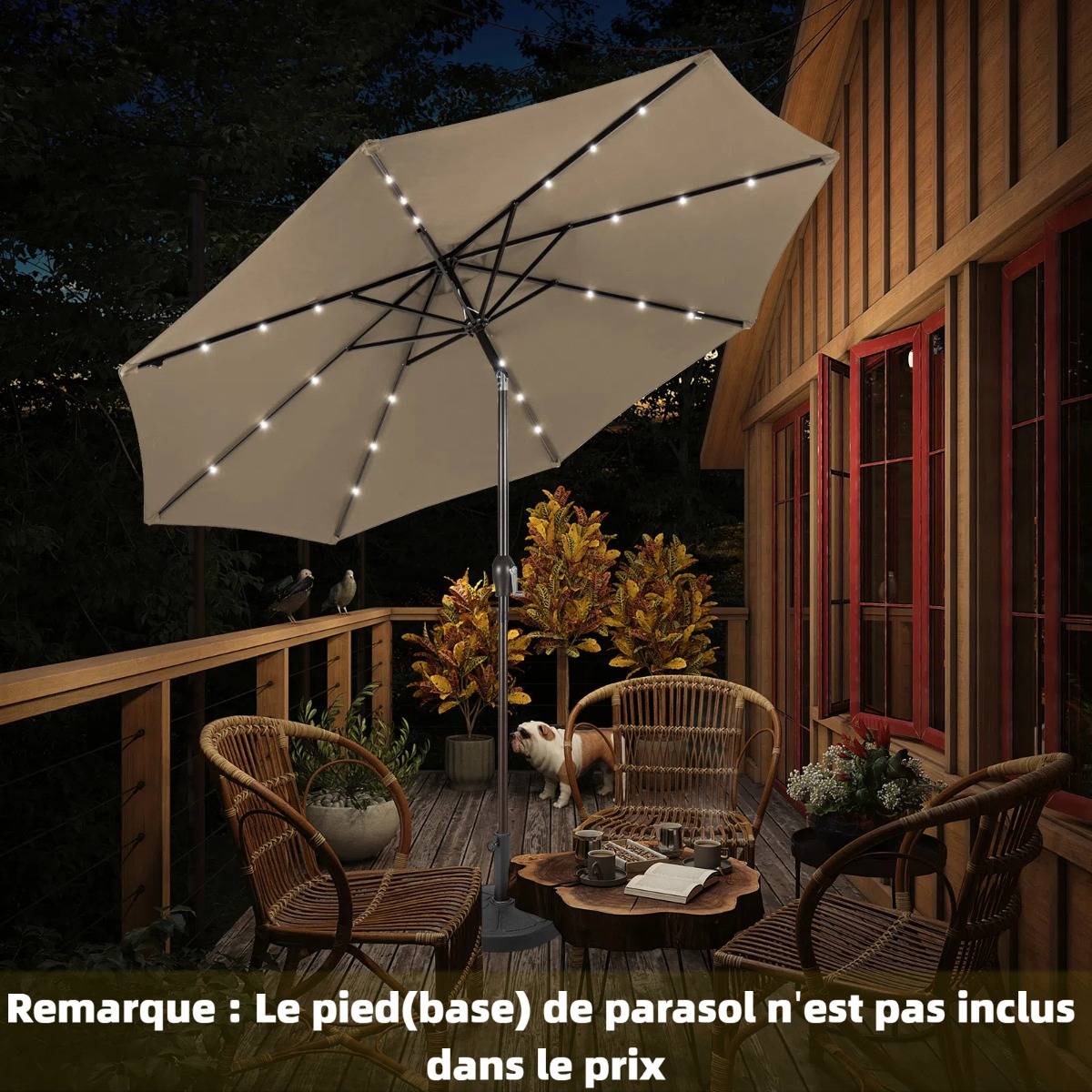 Parasol Inclinable Dia.300cm LED Dolaire en Scier Toile Polyester pour Jardin et Terrasse Marron - Image 2