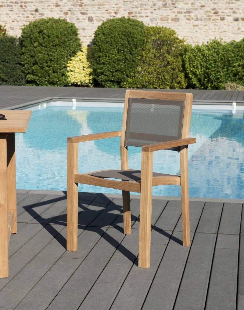 FUN - Ensemble de 2 fauteuils jardin bois teck / textilène gris - Image 2