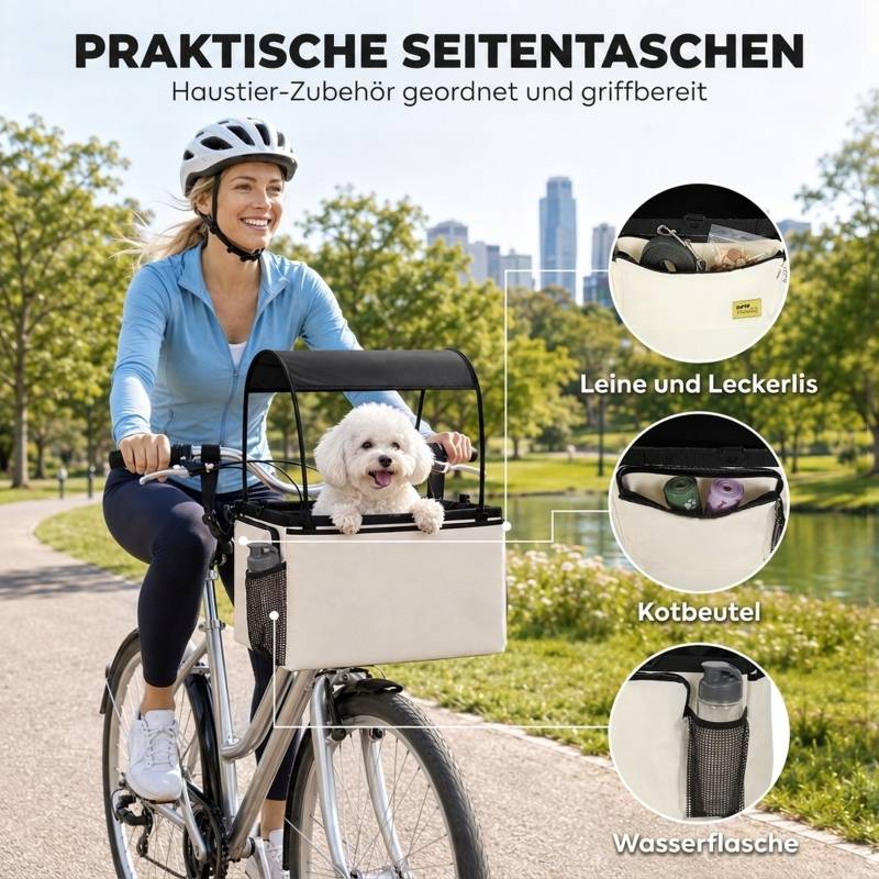 Panier de vélo avant pour chien 2-en-1, panier portable avec capote, laisse de sécurité, bandoulière et poches latérales, charge 5kg - Image 7