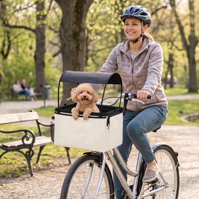 Panier de vélo avant pour chien 2-en-1, panier portable avec capote, laisse de sécurité, bandoulière et poches latérales, charge 5kg - Image 2