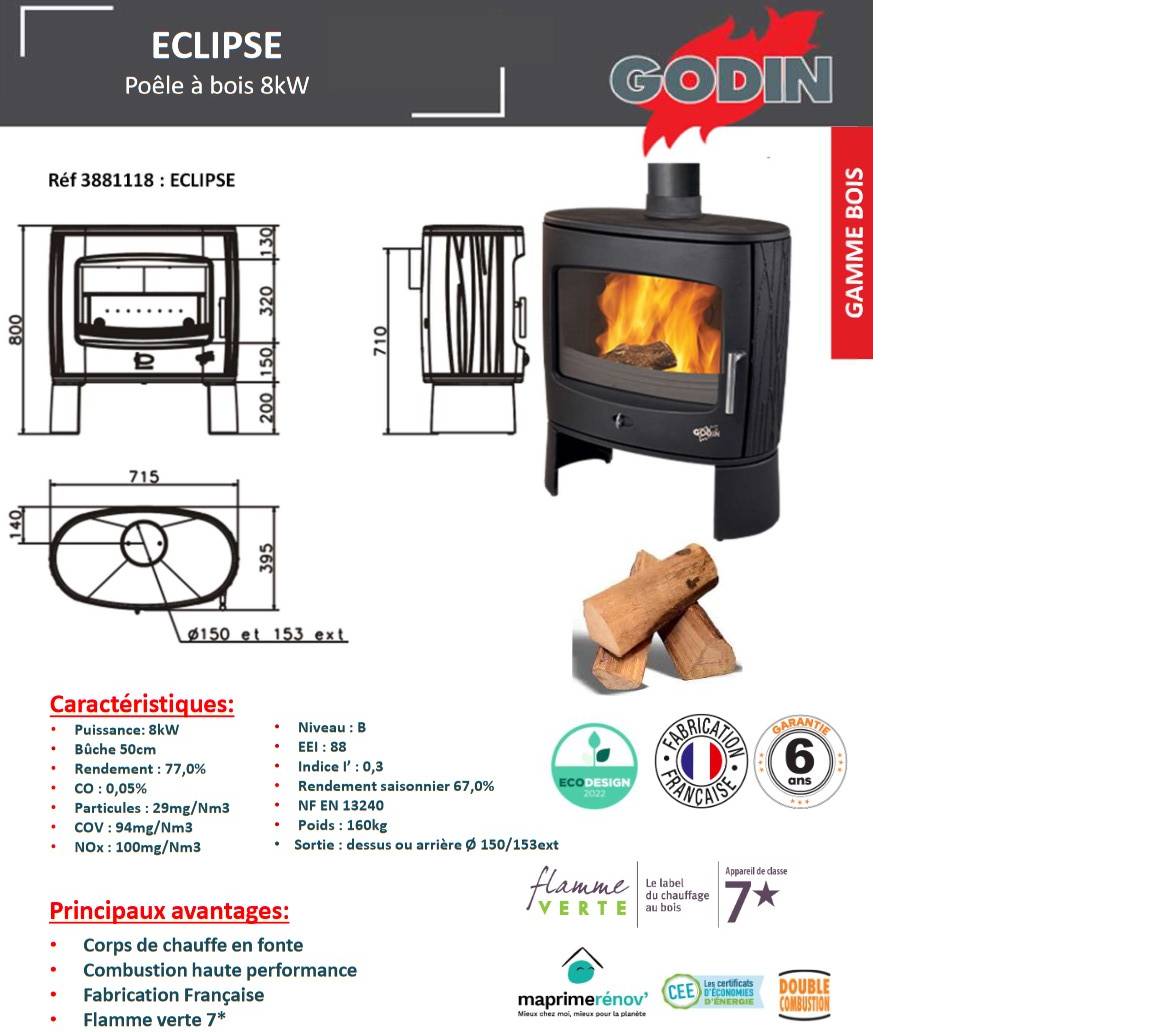 Poêle à Bois Fonte - ECLIPSE - 8 kW-Peint anthracite - GODIN - 388118 - Imagen 4
