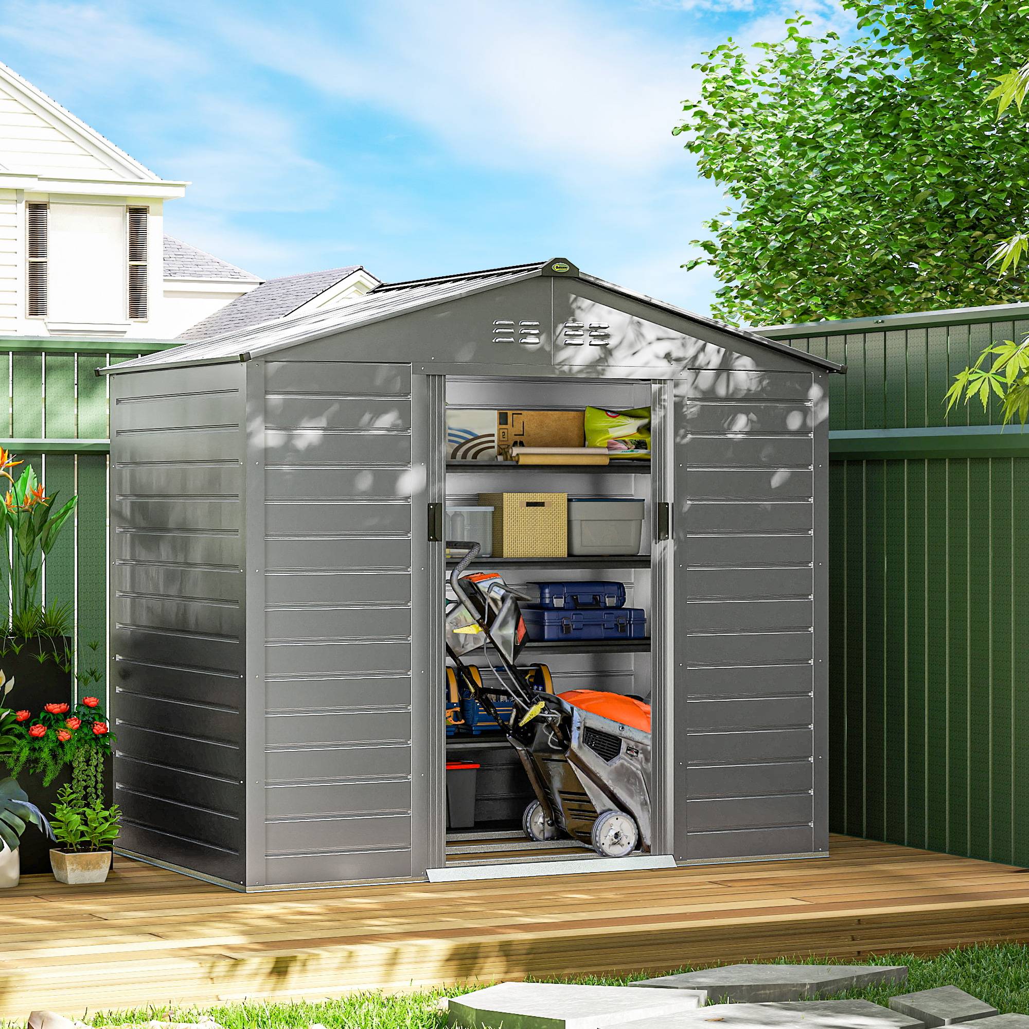 Abri 2,43m² 213x131x192cm outillage toit double pente porte coulissante verrouillable étanche gris - Image 4