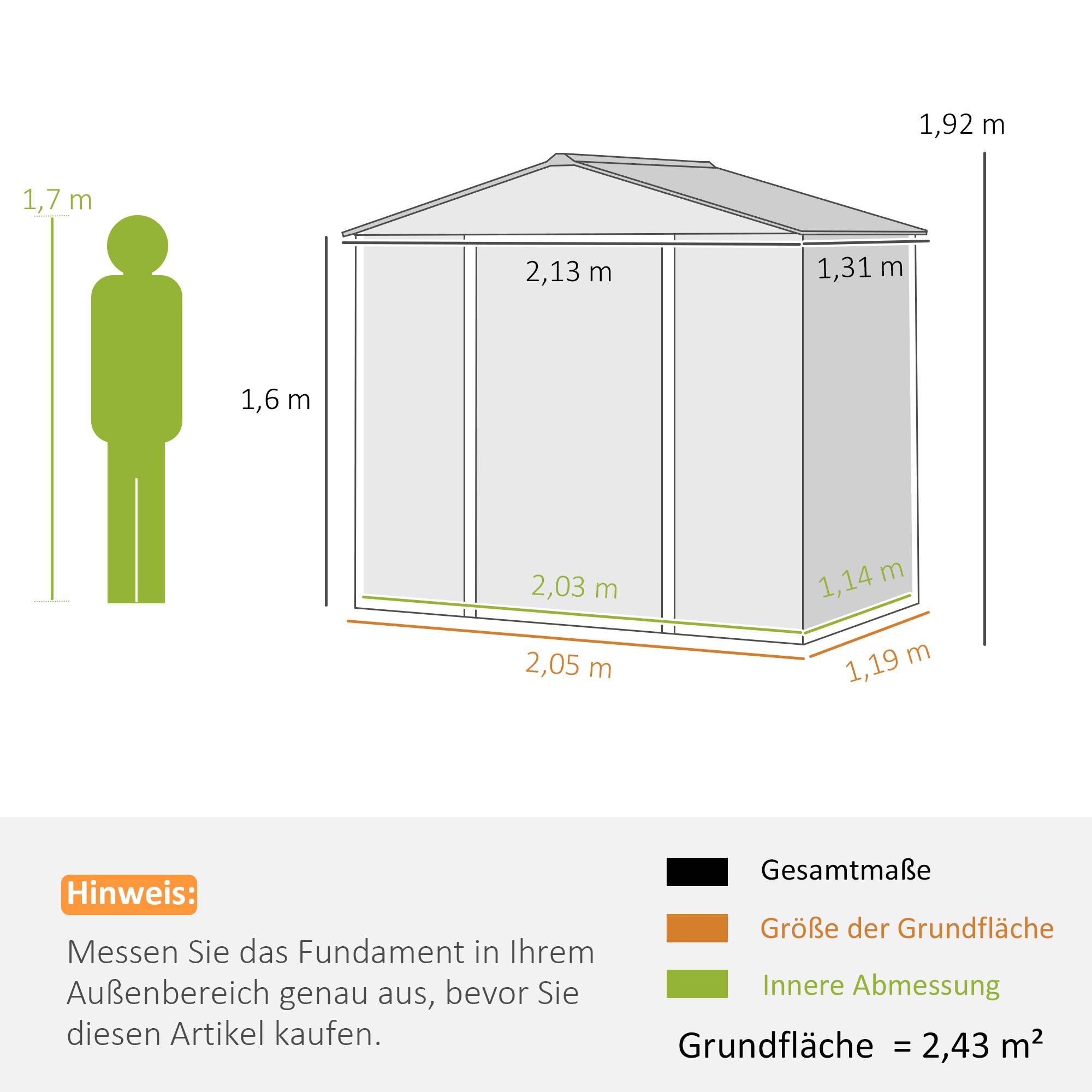 Abri 2,43m² 213x131x192cm outillage toit double pente porte coulissante verrouillable étanche gris - Image 5