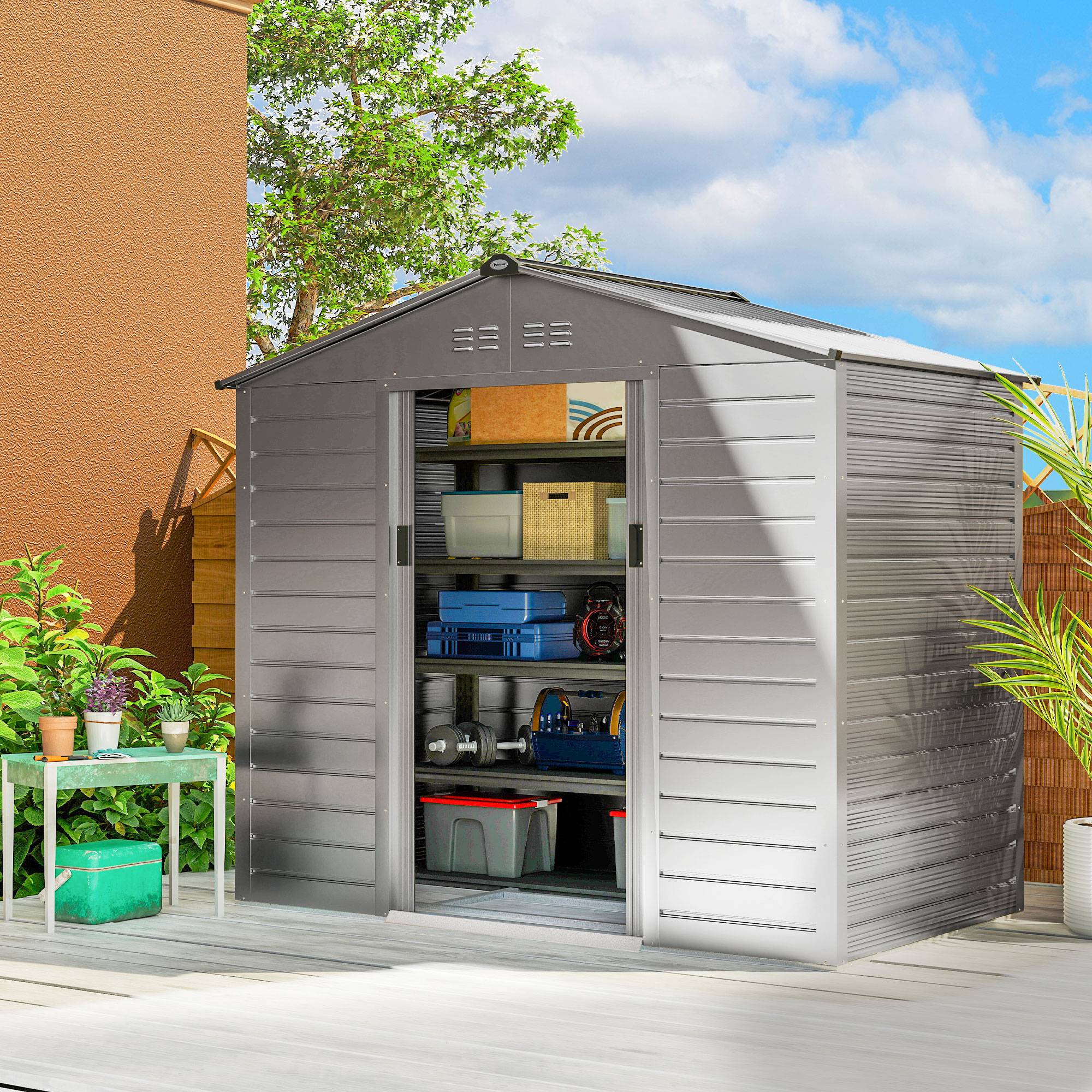 Abri 2,43m² 213x131x192cm outillage toit double pente porte coulissante verrouillable étanche gris - Image 3